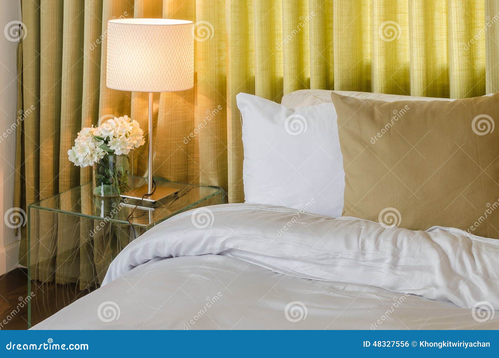 Bedroom with green curtain stock photo. Image of residential 48327556