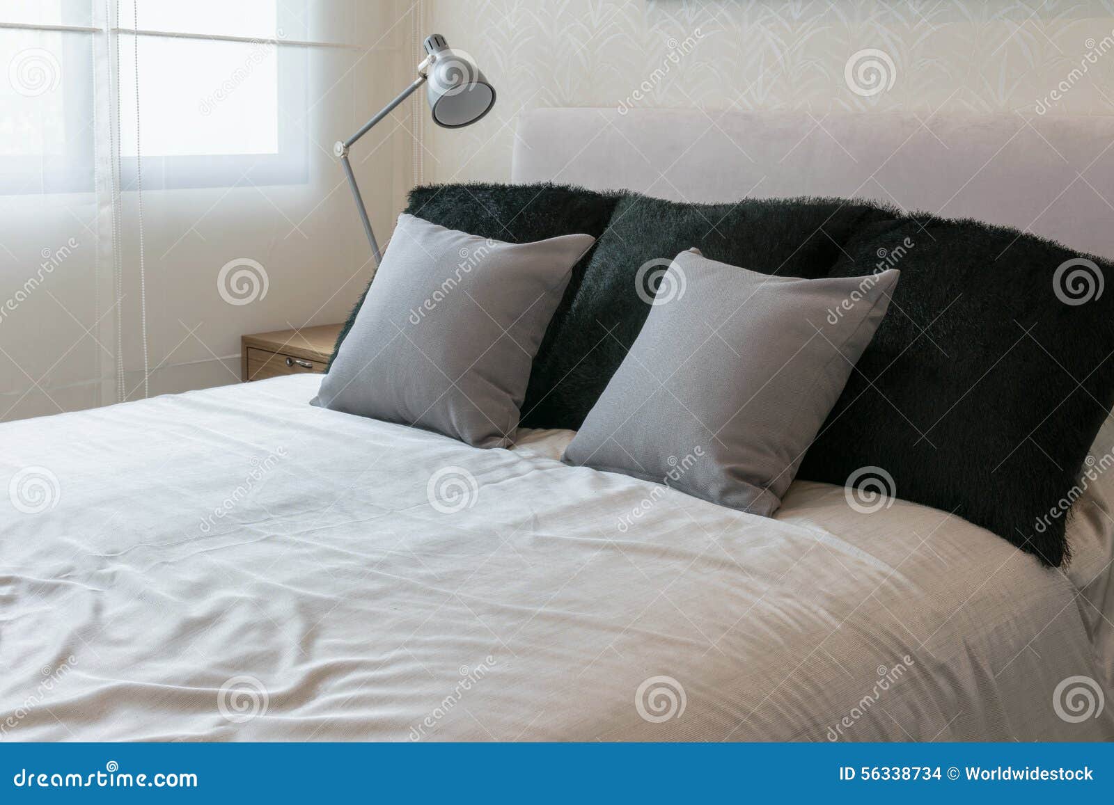 Bedroom Interior with Grey Pillows on White Bed Stock Photo Image of