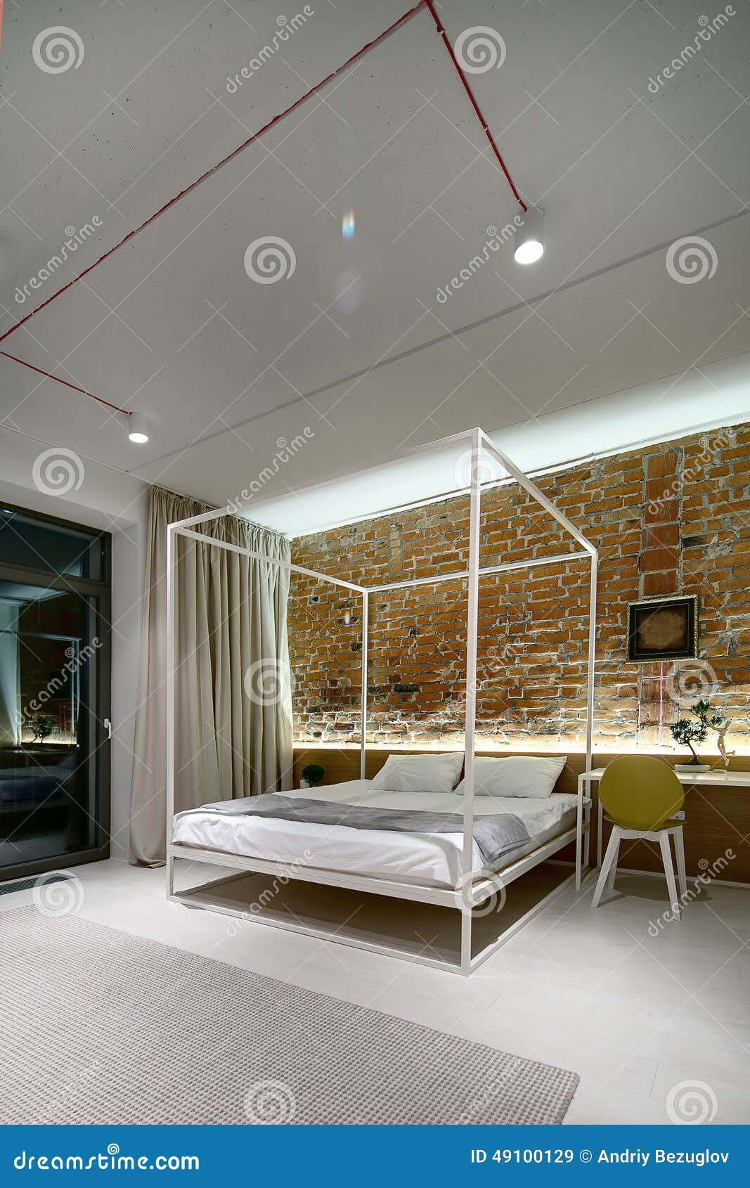 Bedroom In A Modern Loft Style Brick Wall Without Plaster Bed Stock Image Image Of Concrete Light 49100129