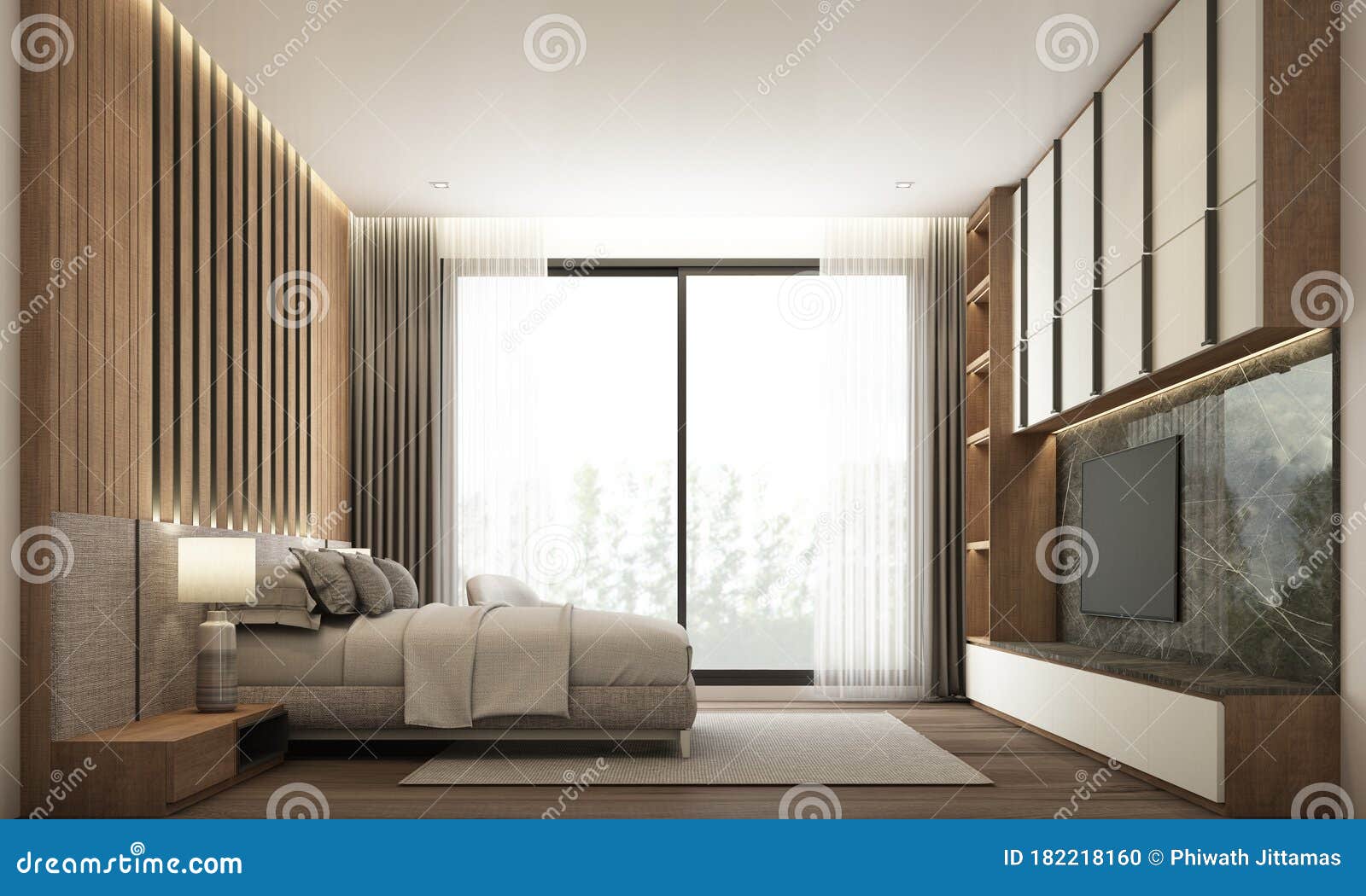 Bedroom Modern Minimal Style With Built-In Headboard And Tv Cabinet Stock  Illustration - Illustration Of Window, Indoor: 182218160