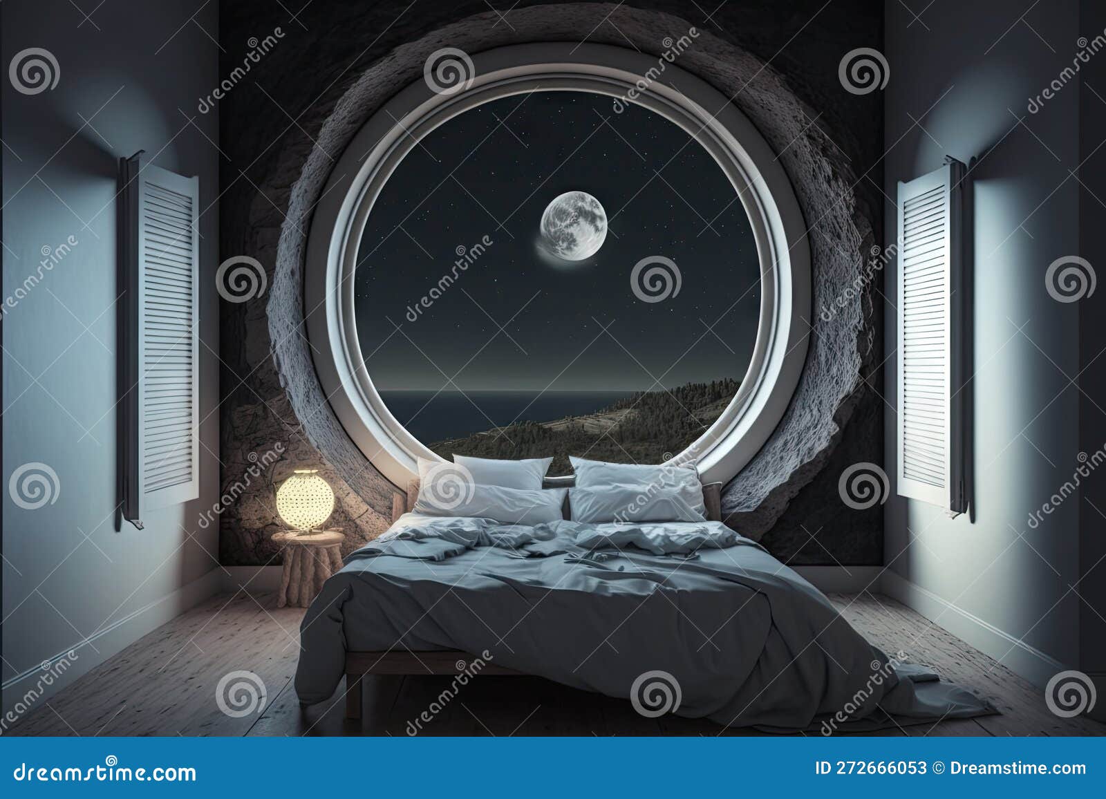 Bedroom, with the Moon Shining through the Window, and a View of the