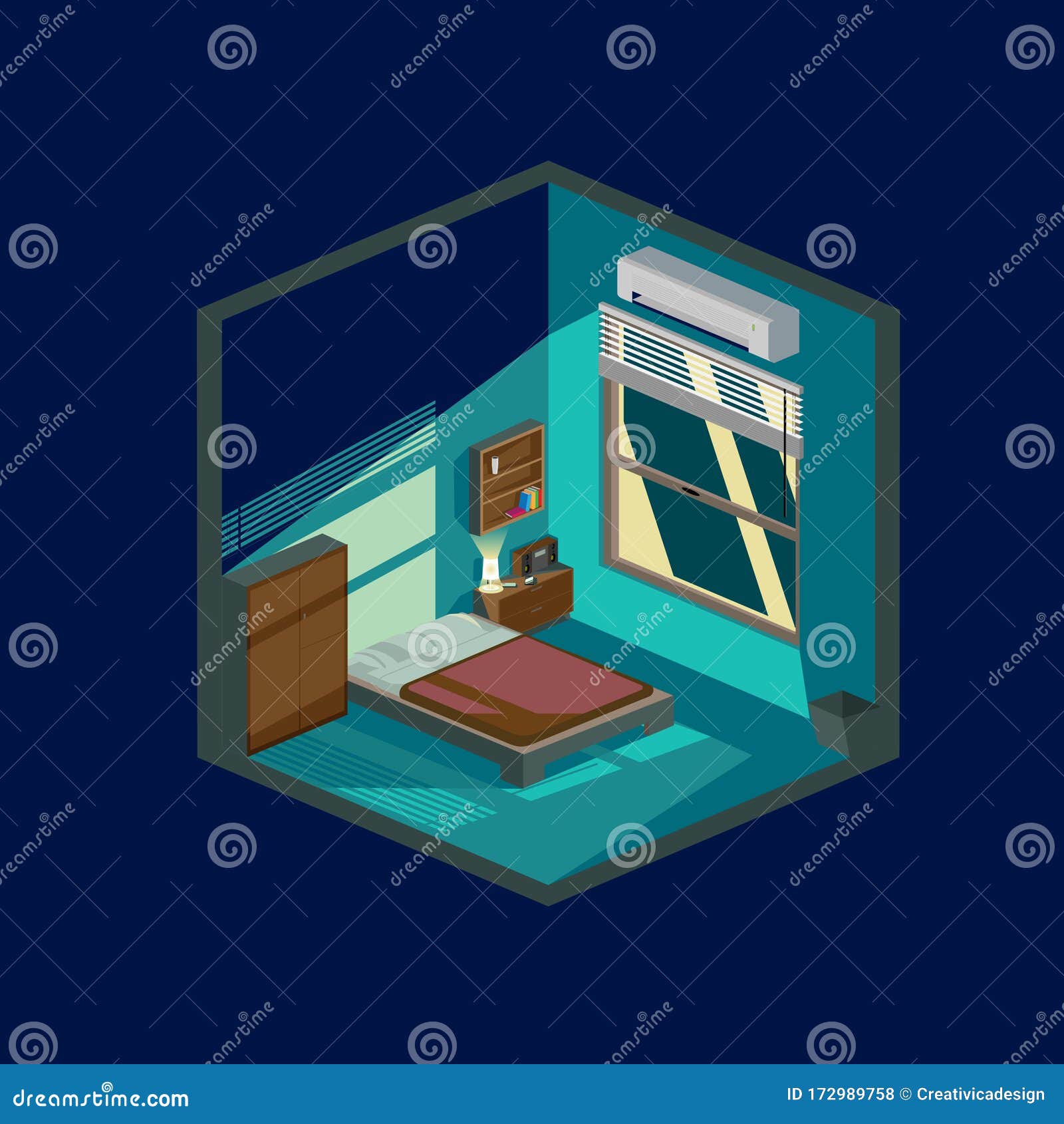 Bedroom at Night Flat Illustration Vector Stock Vector - Illustration