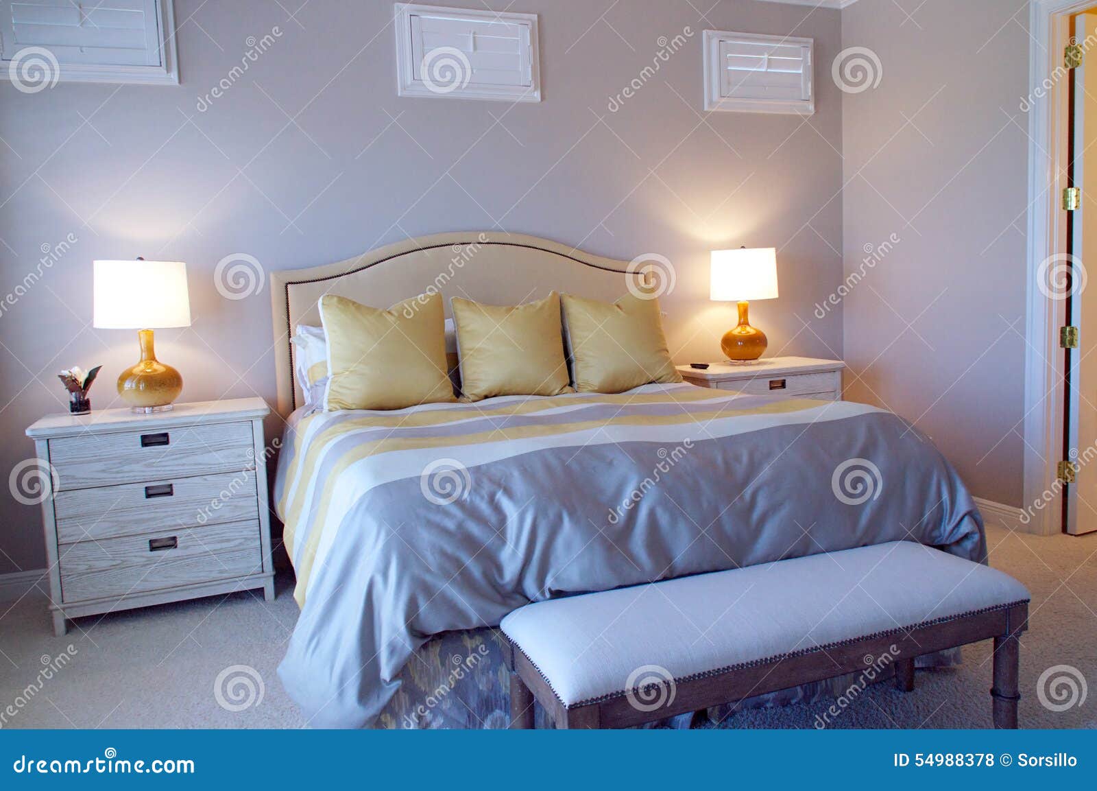 Bedroom with queen bed stock photo. Image of pillows 54988378
