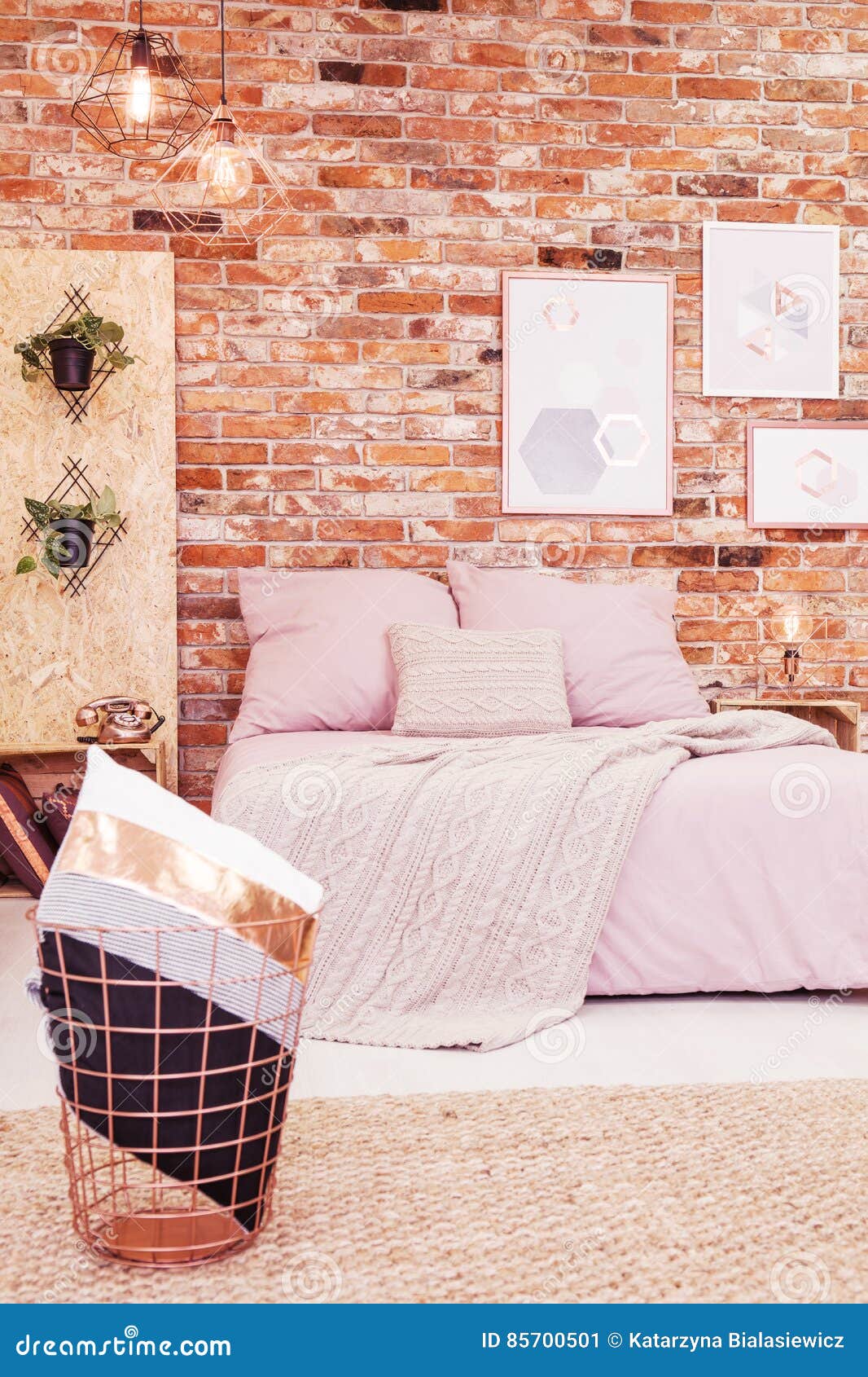 Bedroom with Red Brick Wall Stock Image - Image of bedroom, graphics ...
