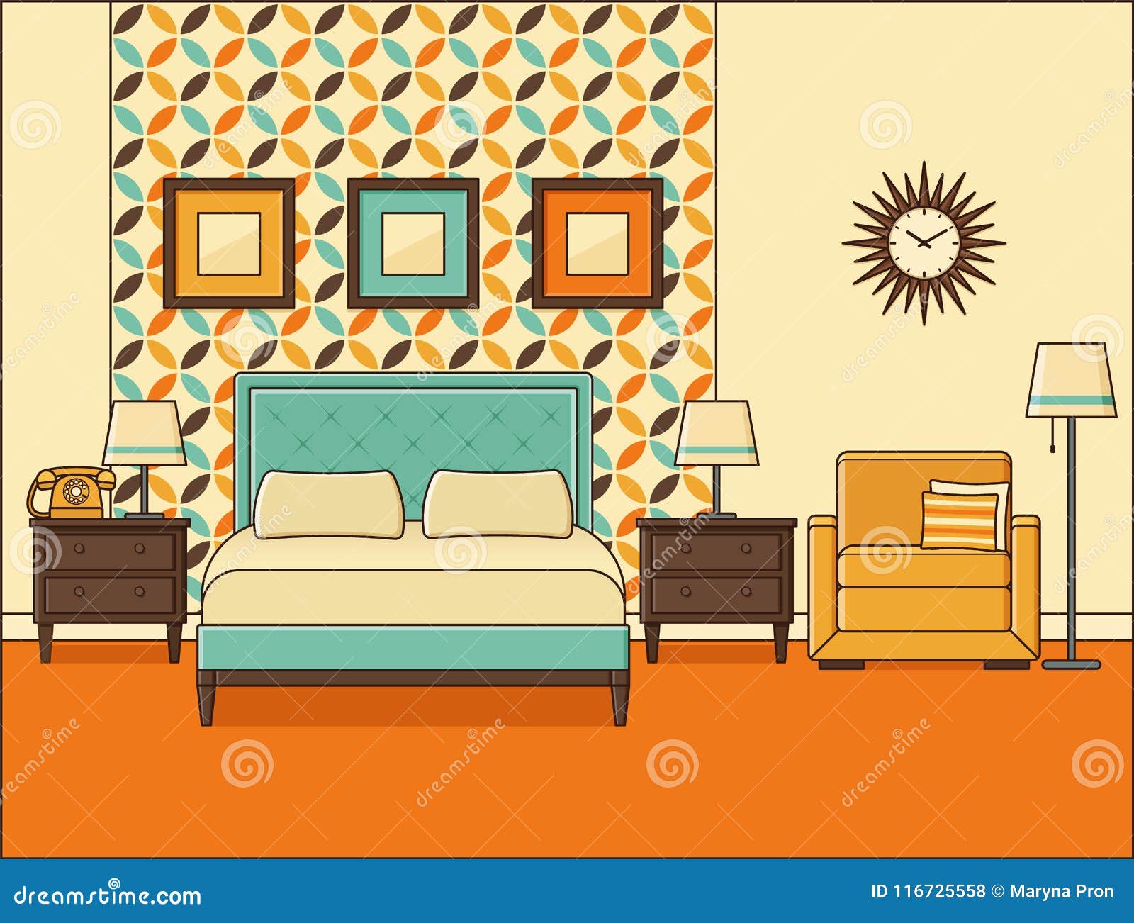 Bedroom Retro Interior Hotel Room In Flat Design Vector