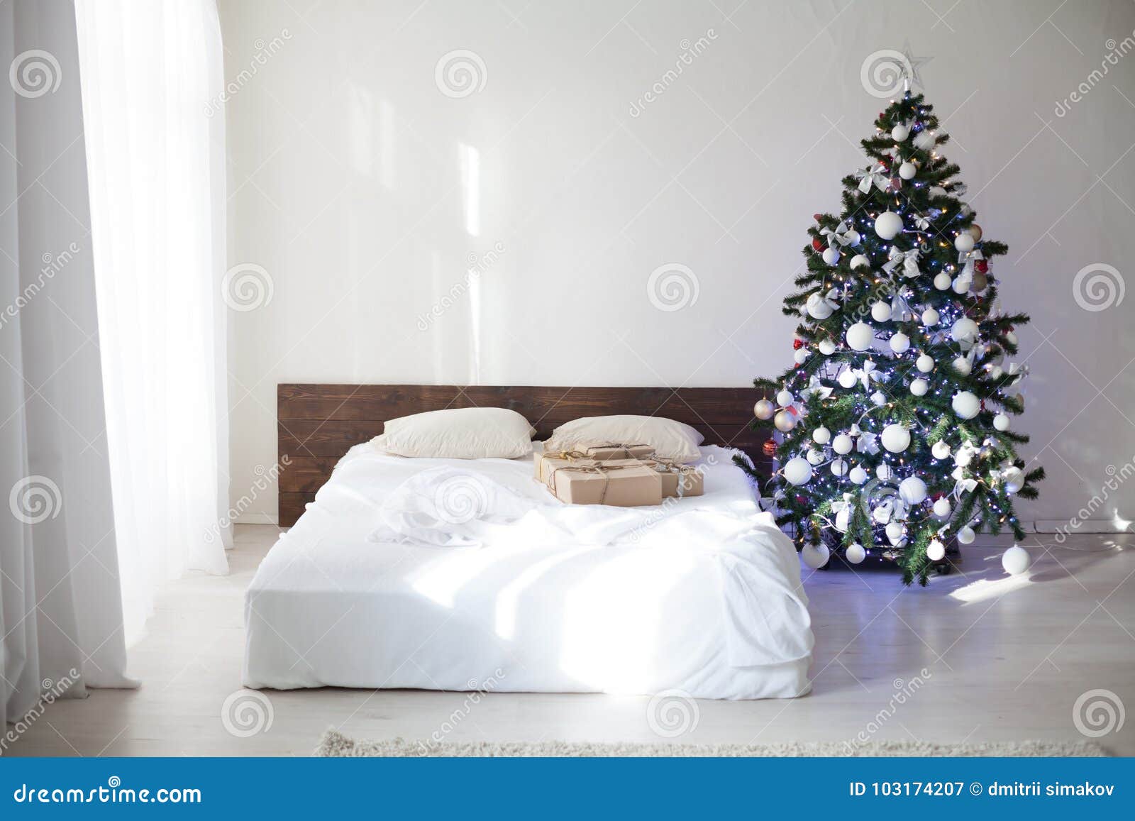 Bedroom with Christmas New Year Tree Decoration Bed Stock Image - Image ...