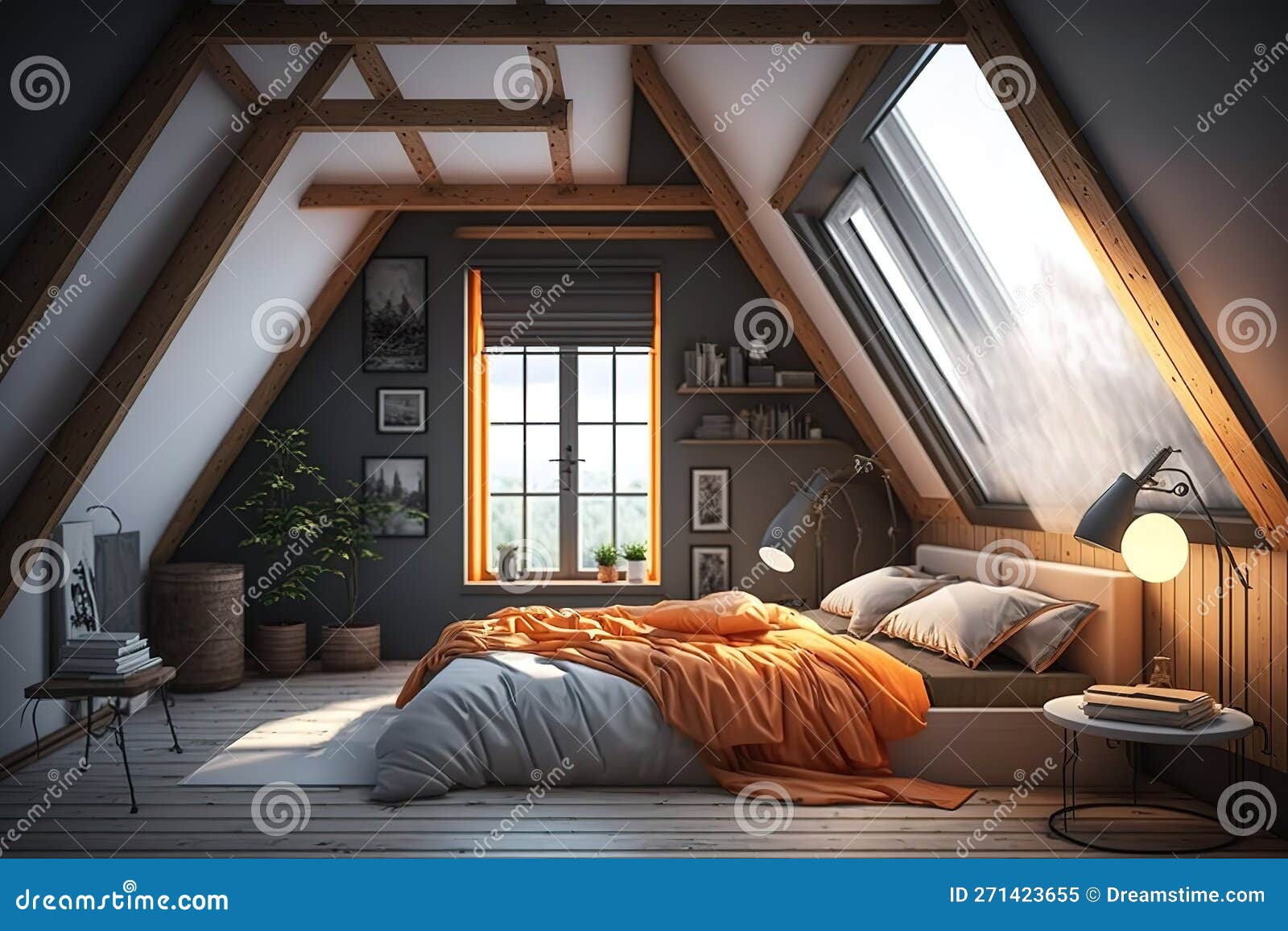 Bedroom Under the Roof Interior Design Modern& Loft 3D Render Stock
