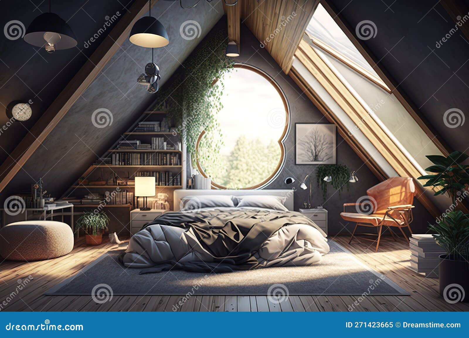 Bedroom Under the Roof Interior Design Modern& Loft 3D Render Stock