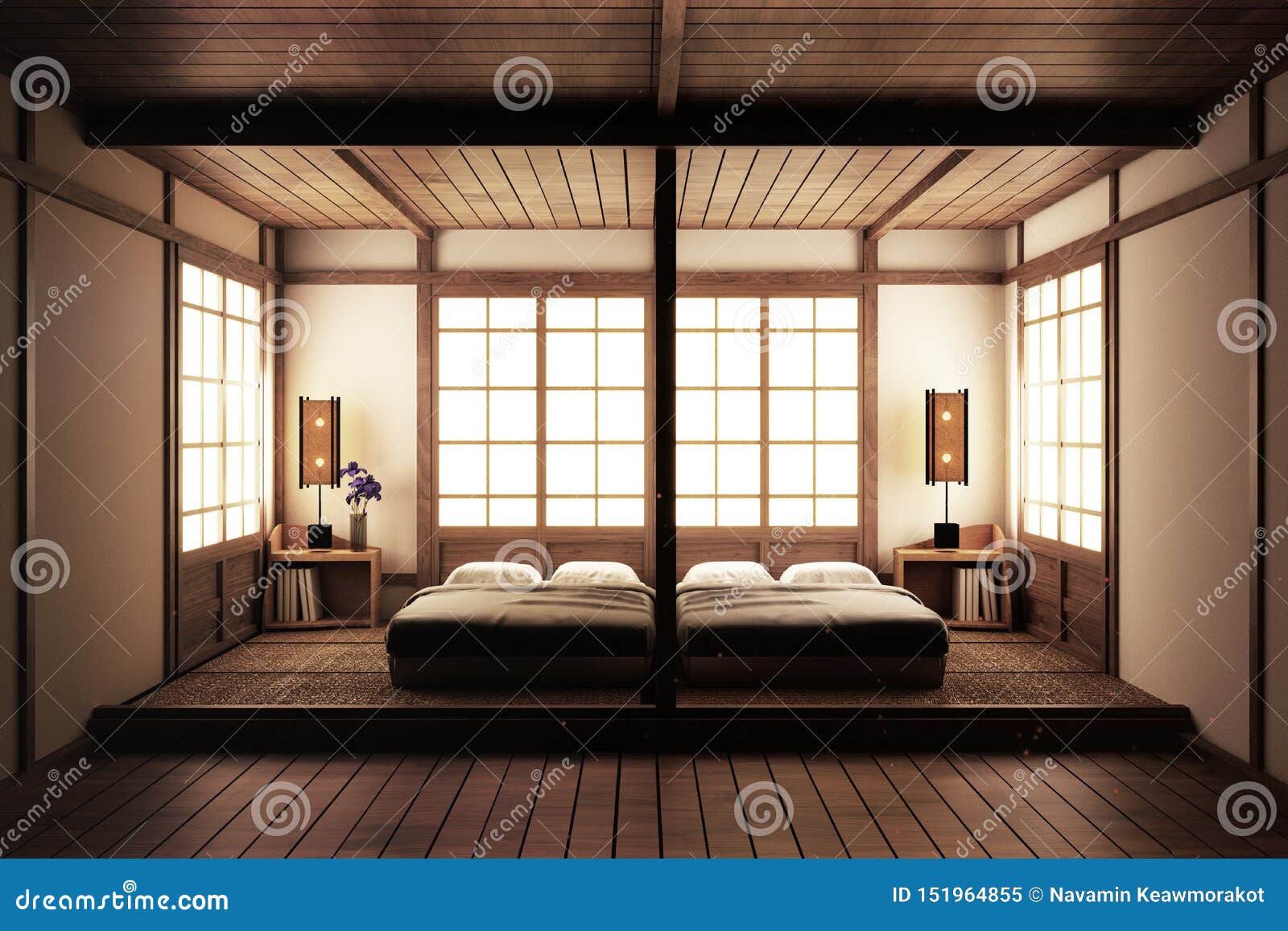 Mock Up Bedroom. Zen Style Bedroom. Serene Bedroom. Wood Bed with 