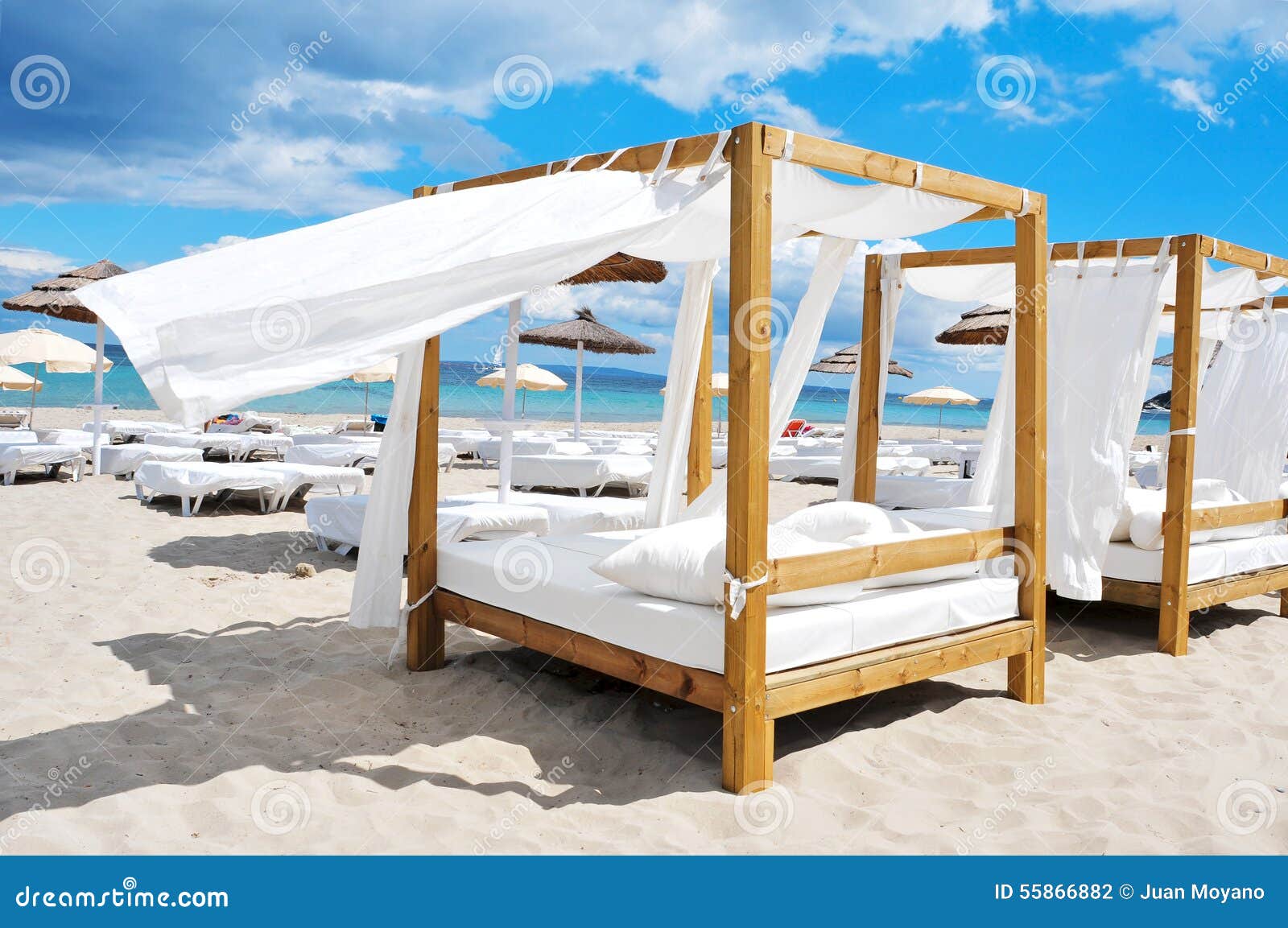 Beds And Sunloungers In A Beach Club In Ibiza, Spain Stock Photo  Image: 55866882