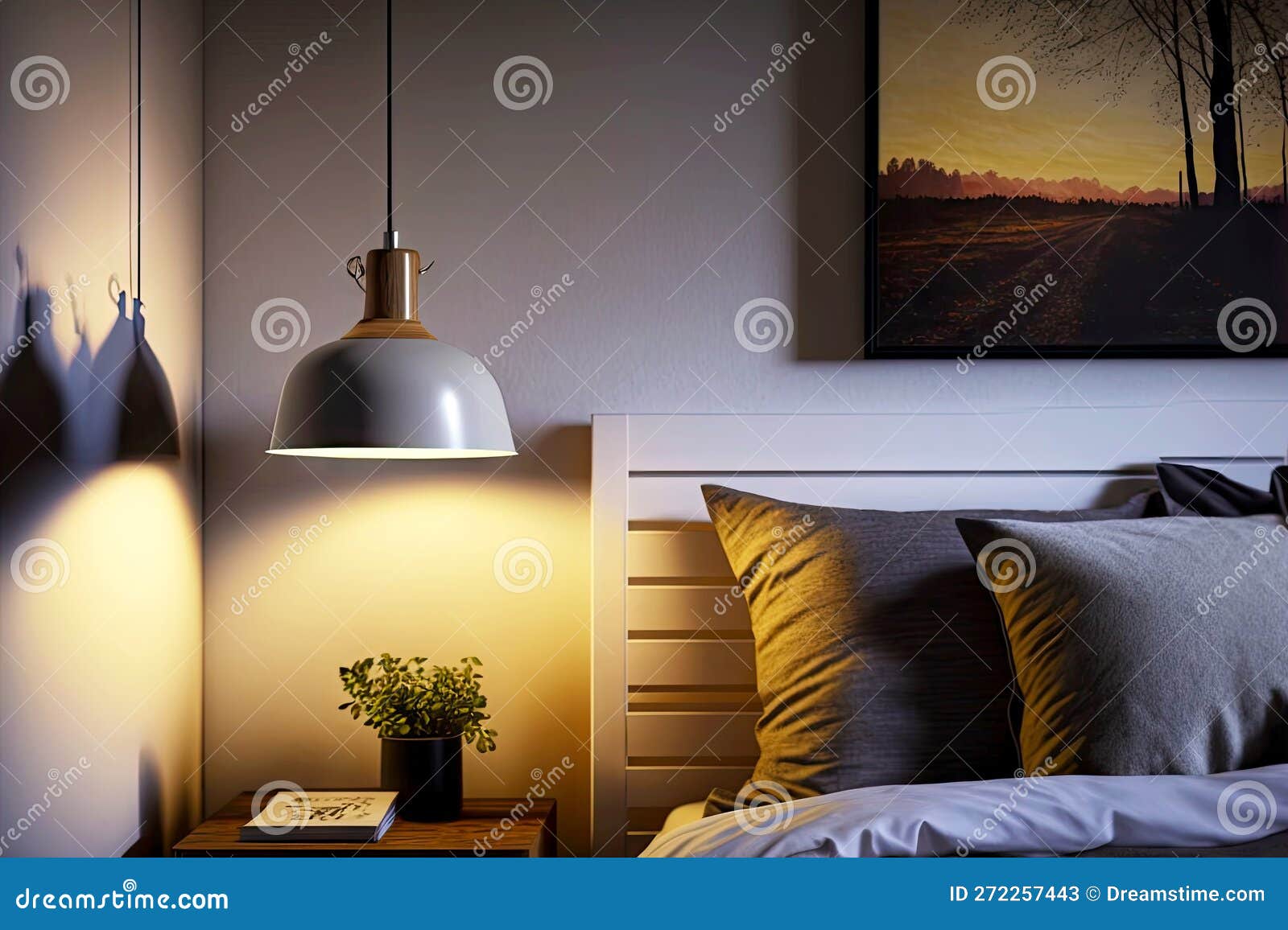 Bedside Lamp Hanging from Ceiling Above Bedside Table Stock