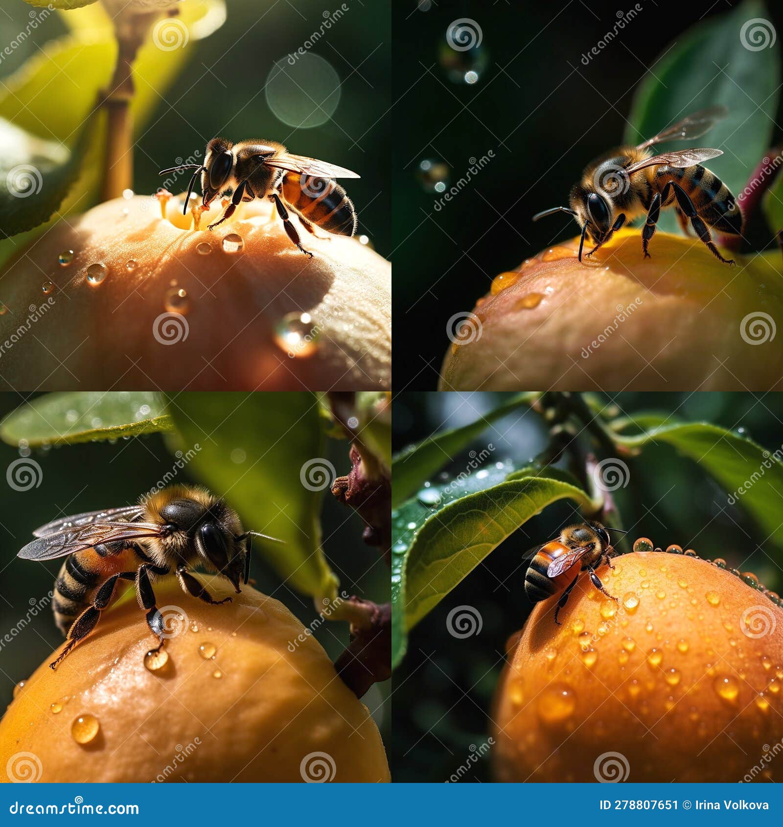 bee and butterfly take nectar on fruits and berries, dew drops in garden