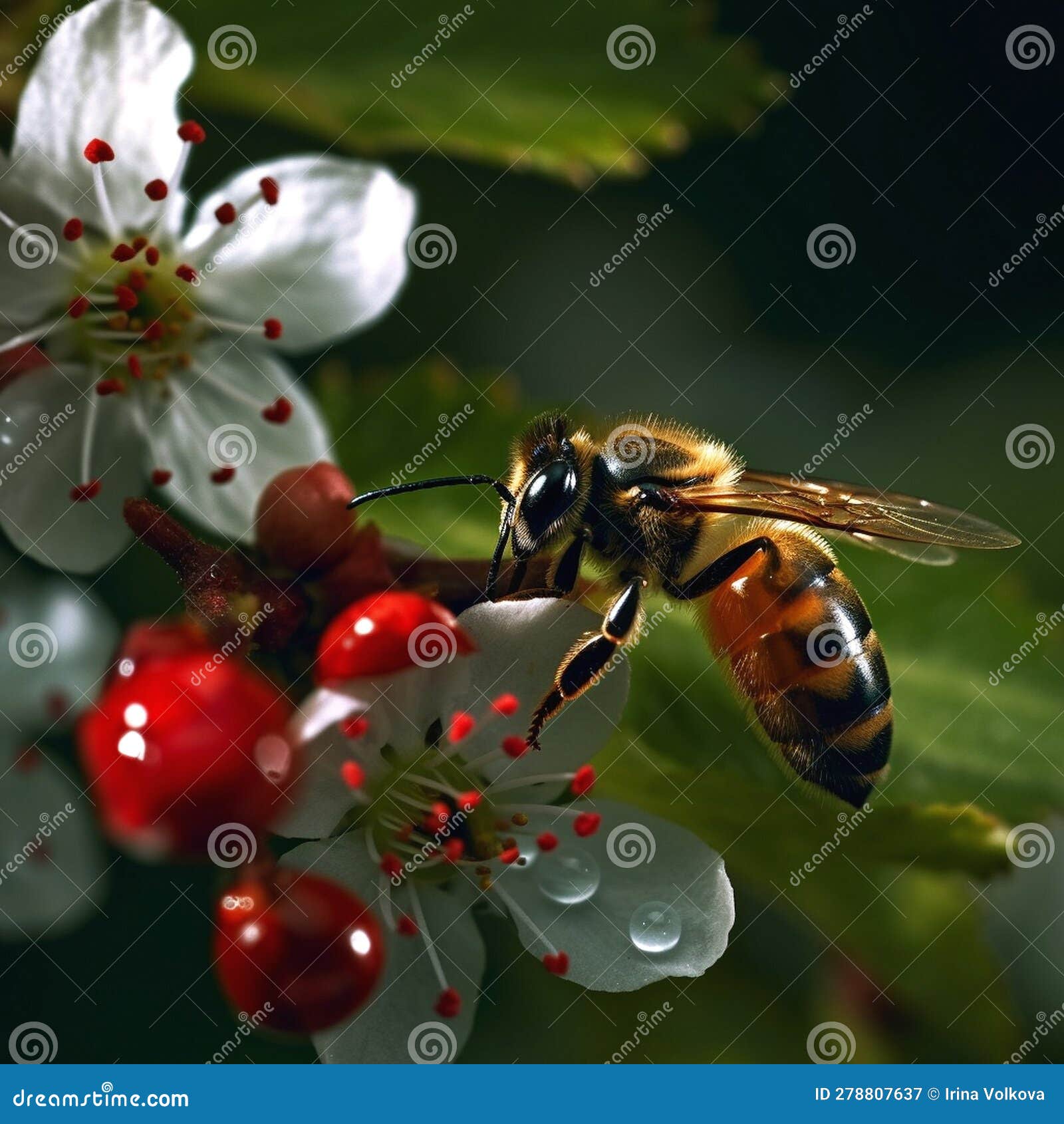 bee and butterfly take nectar on fruits and berries, dew drops in garden