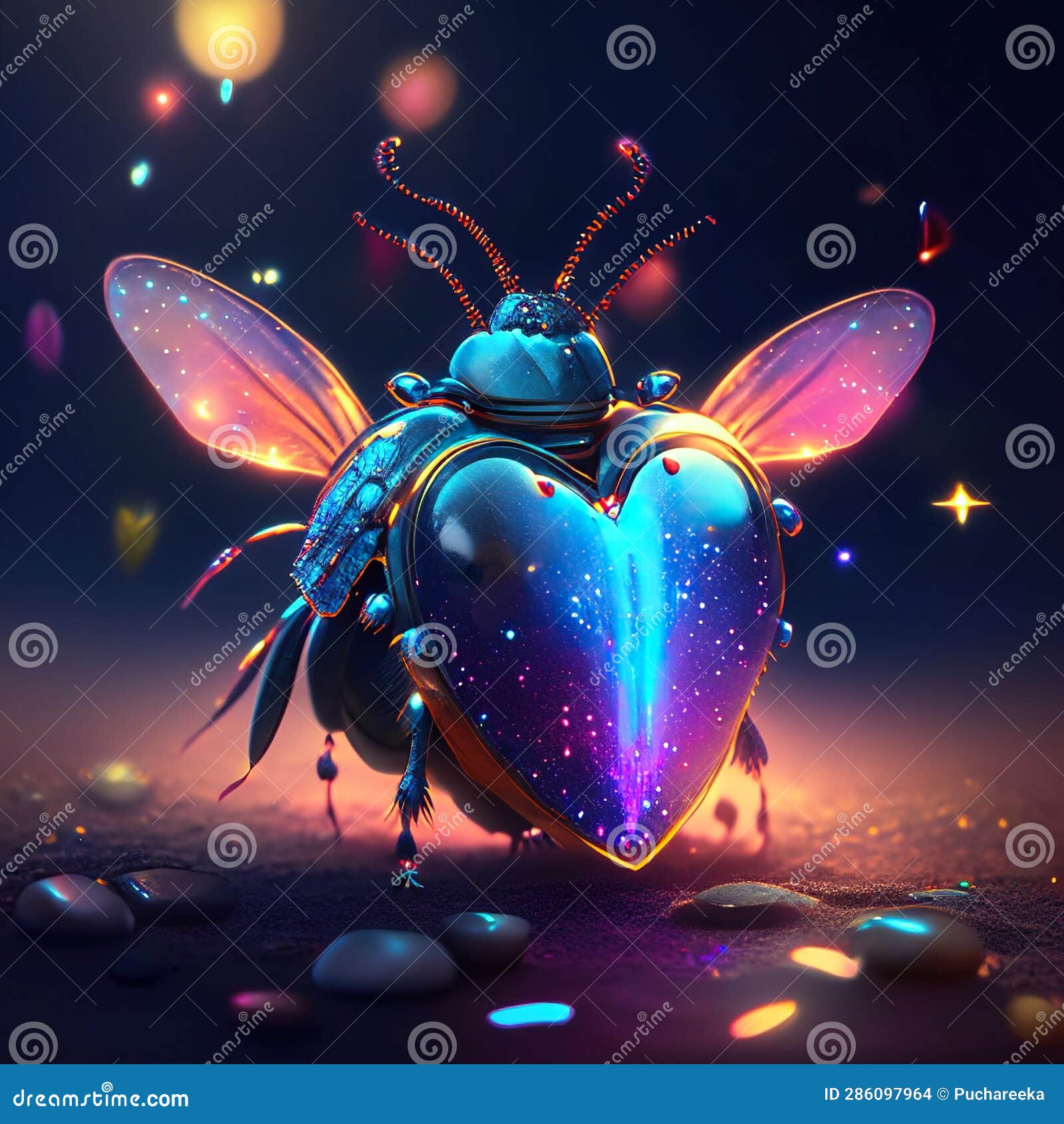 Jewel Beetle Hugging Heart Bee with Heart. 3D Illustration. 3D CG. High ...