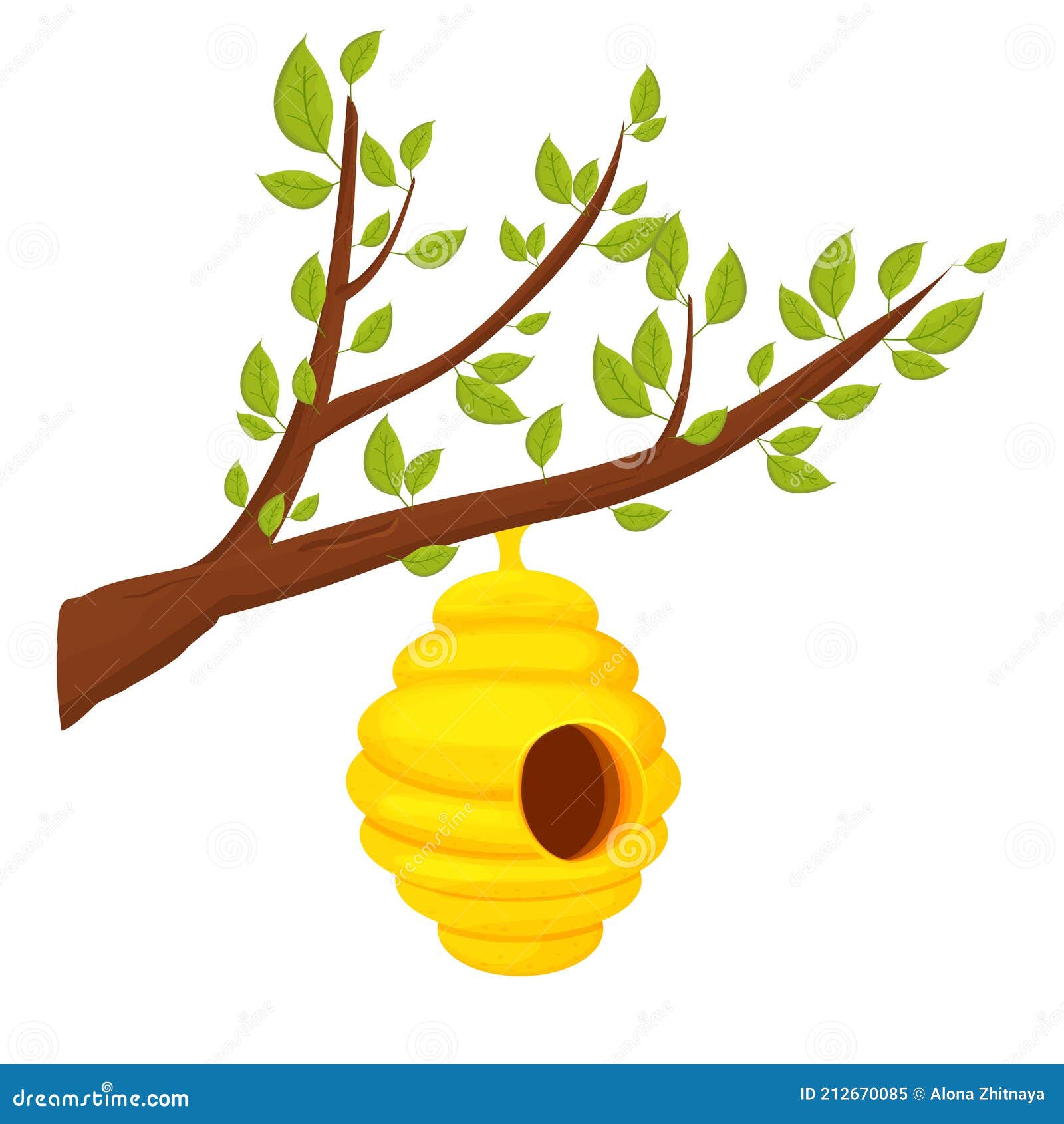 bee hive on tree branch in cartoon style  on white background. wild, hanging construction. bee colony home