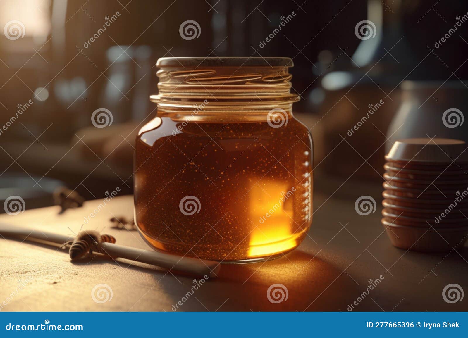 Bee Honey Jar Orange Background , Generative AI Stock Illustration