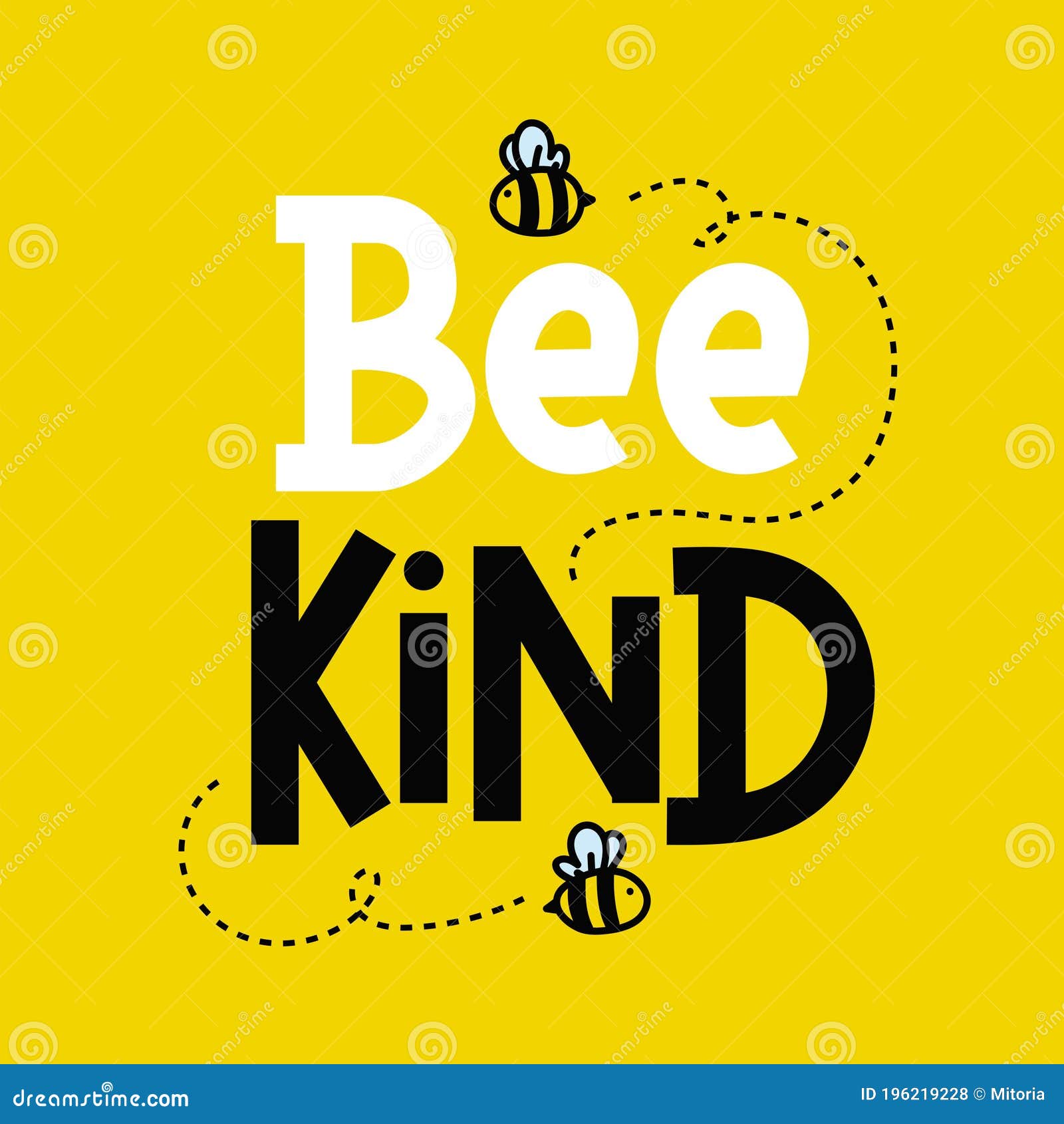 bee kind cute inspirational card with flying bees and lettering  on colorful yellow background