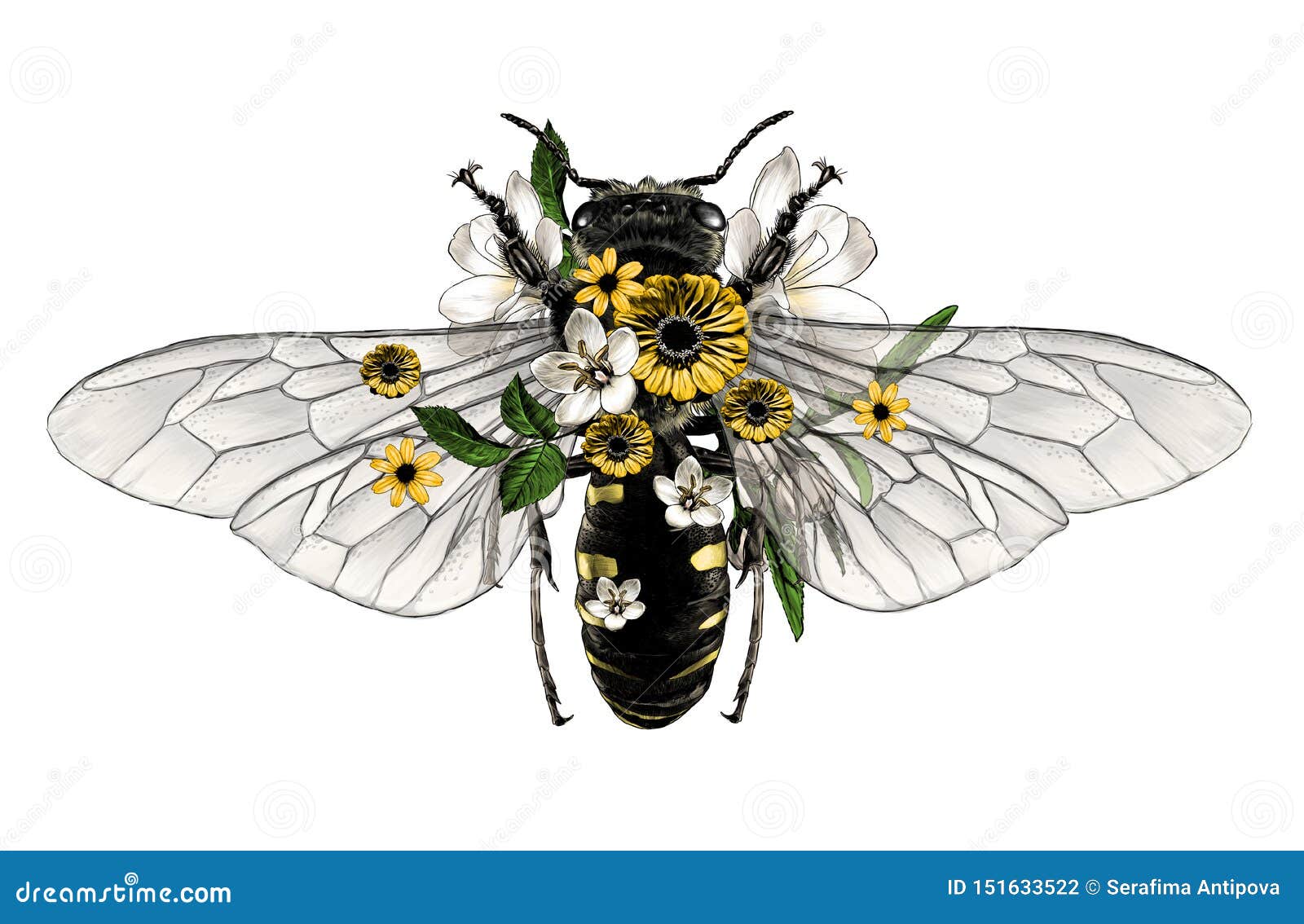 bee with open wings top view decorated with flowers and leaves symmetrically