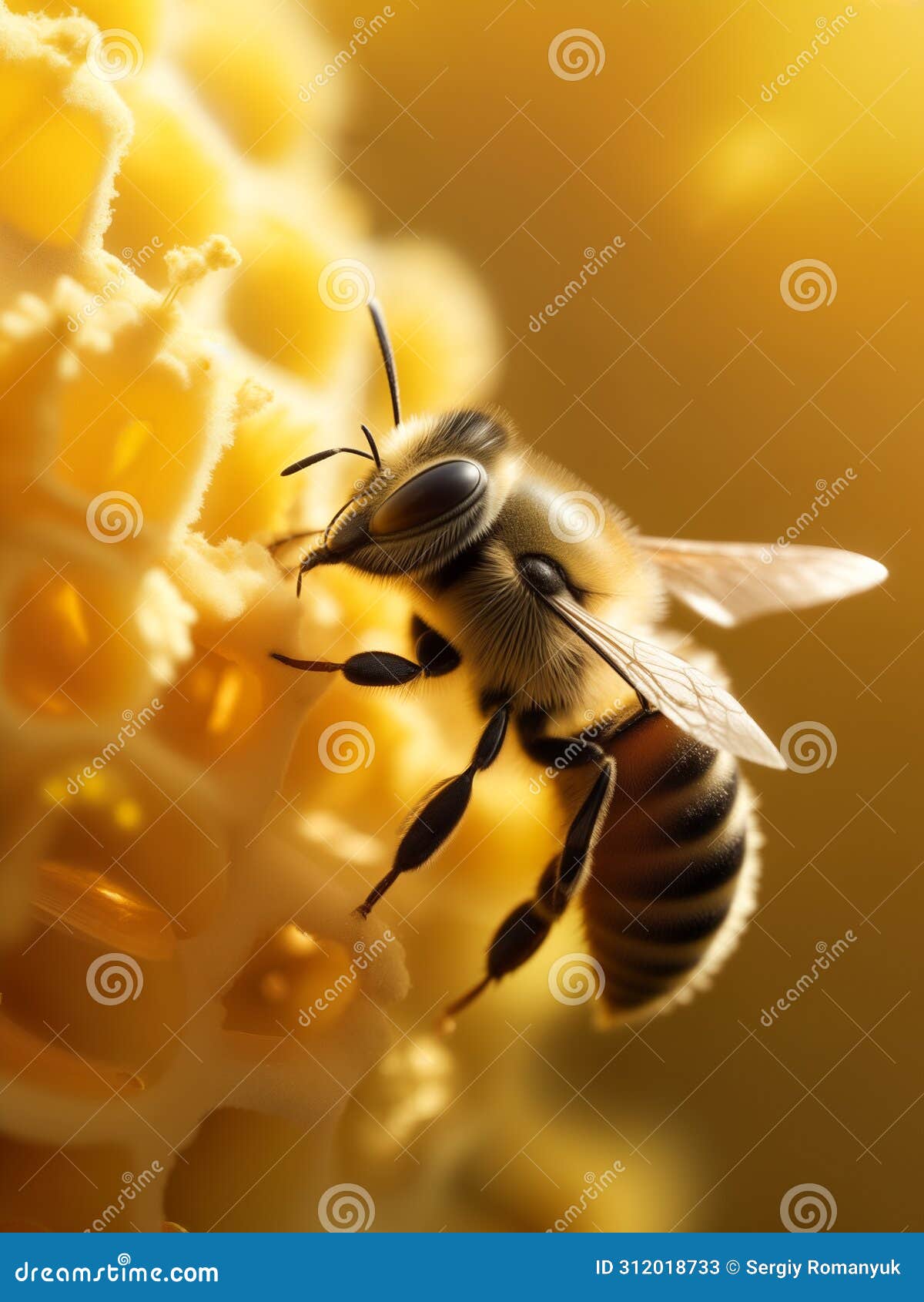 a bee regurgitates or deposits nectar, which turns into honey, into the honeycombs of its hive on a sunny spring or