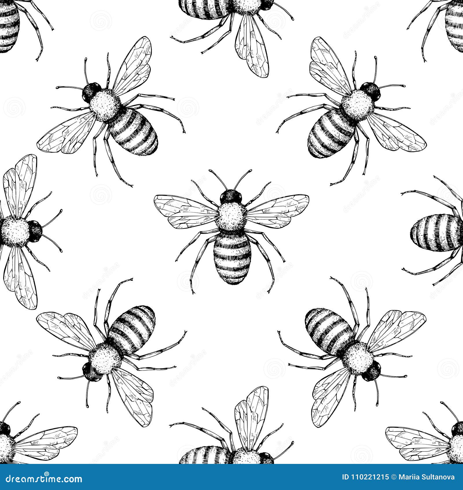 bee  seamless pattern. hand drawn insect background.