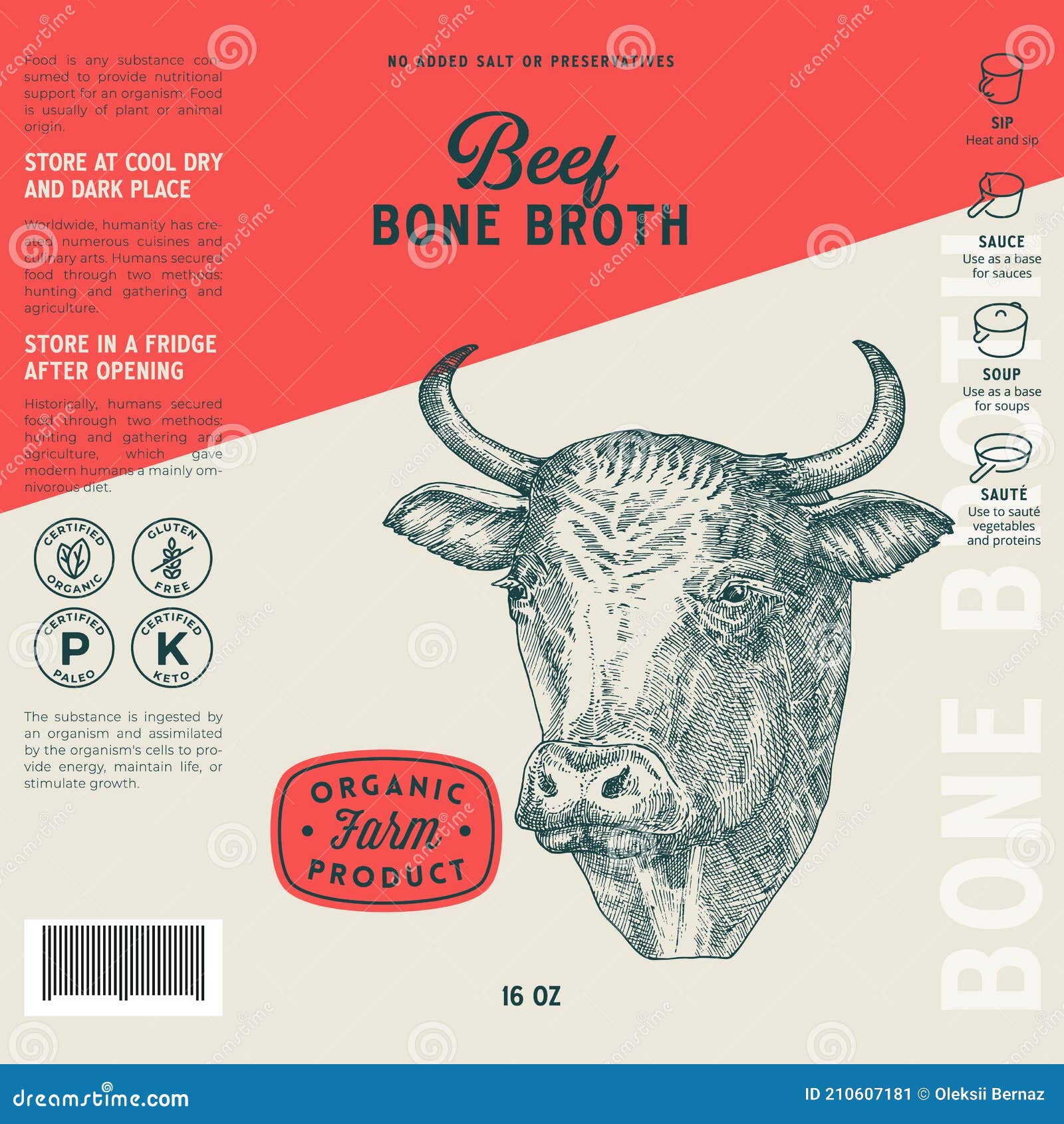 beef bone broth label template. abstract  food packaging  layout. hand drawn bull or cow head sketch