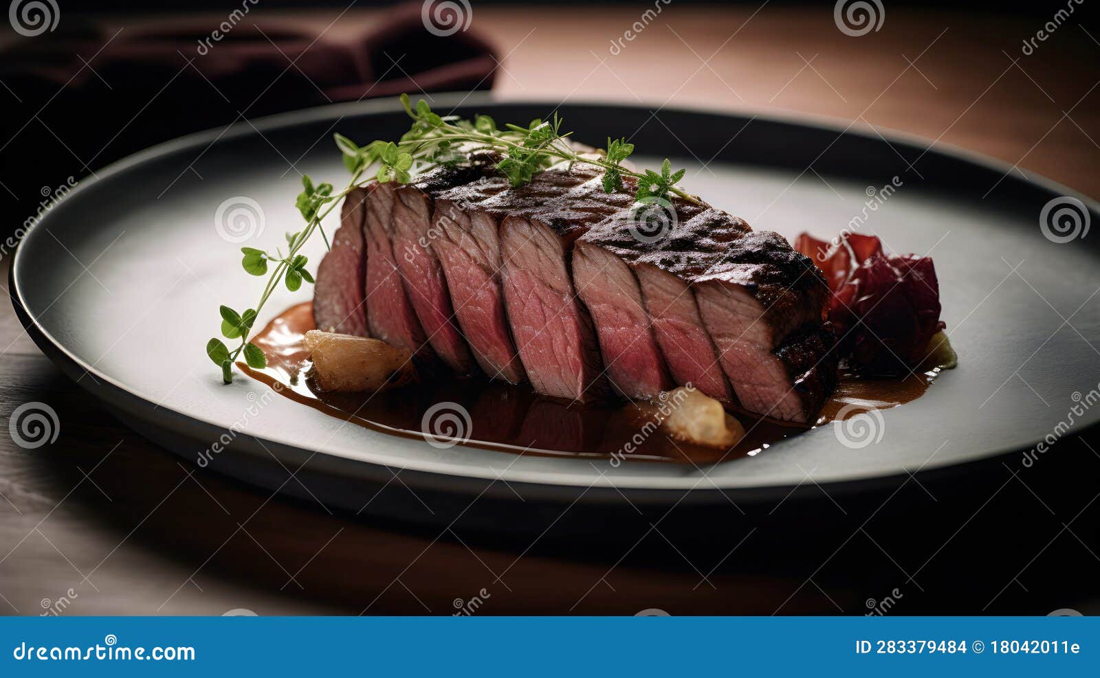 Beef Brisket in the Restaurant, on Dark Background, AI Generated Stock