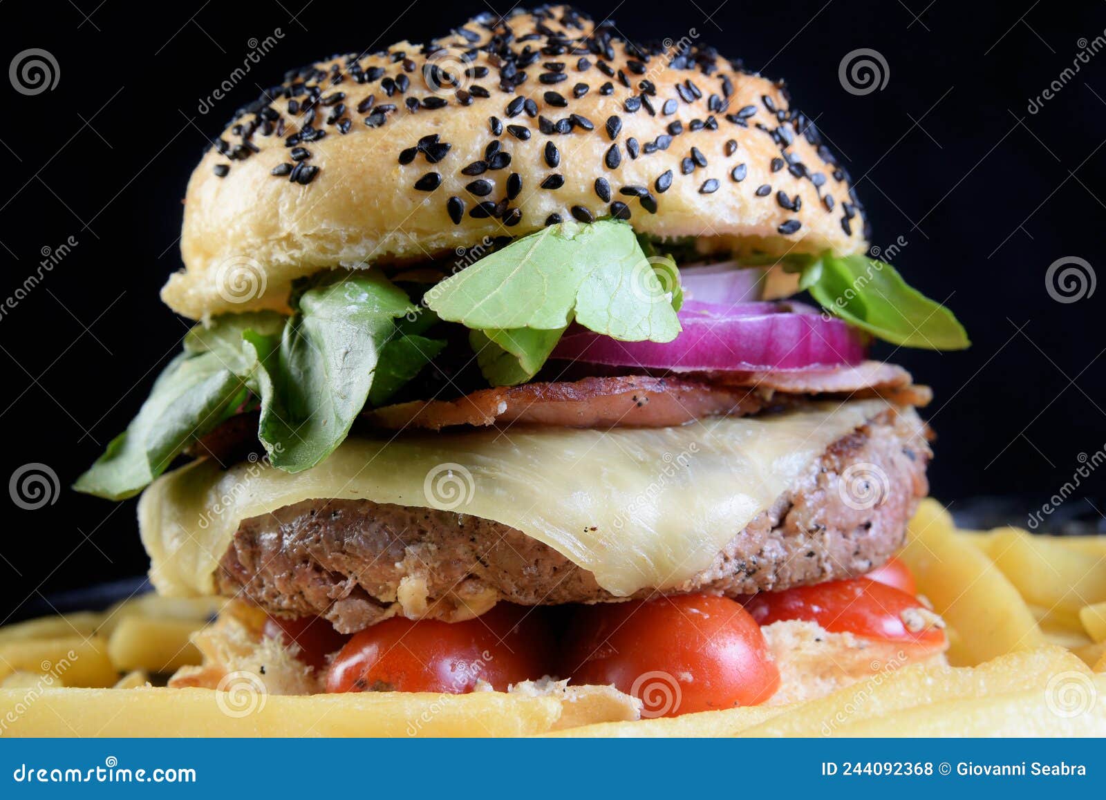Beef Burger Sandwich Bread Salad Cheese and Onion Stock Photo Image