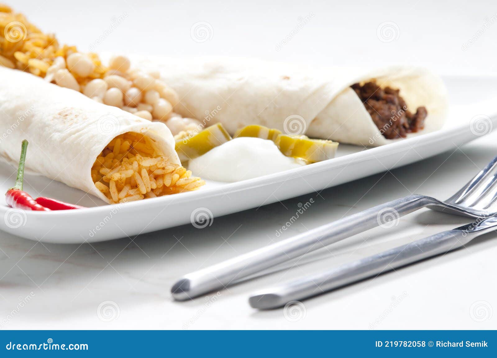 Beef Burritos with Beans and Rice Stock Photo - Image of beef