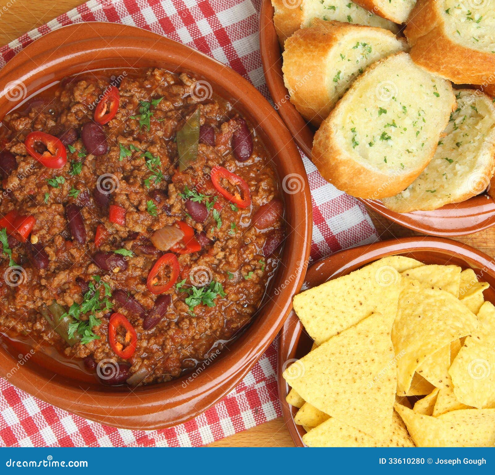 Beef Chili with Garlic Bread and Tortilla Chips Stock Photo Image of
