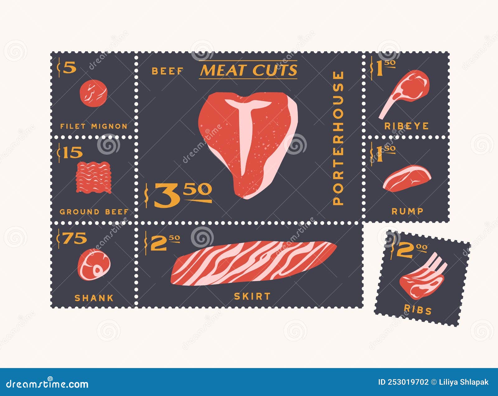 Beef Cuts, Meat Icons in Post Stamps Style Stock Vector - Illustration ...