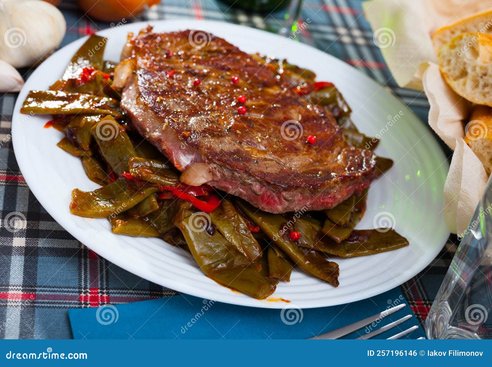 Beef Entrecote with String Beans and Bell Pepper Stock Photo Image of