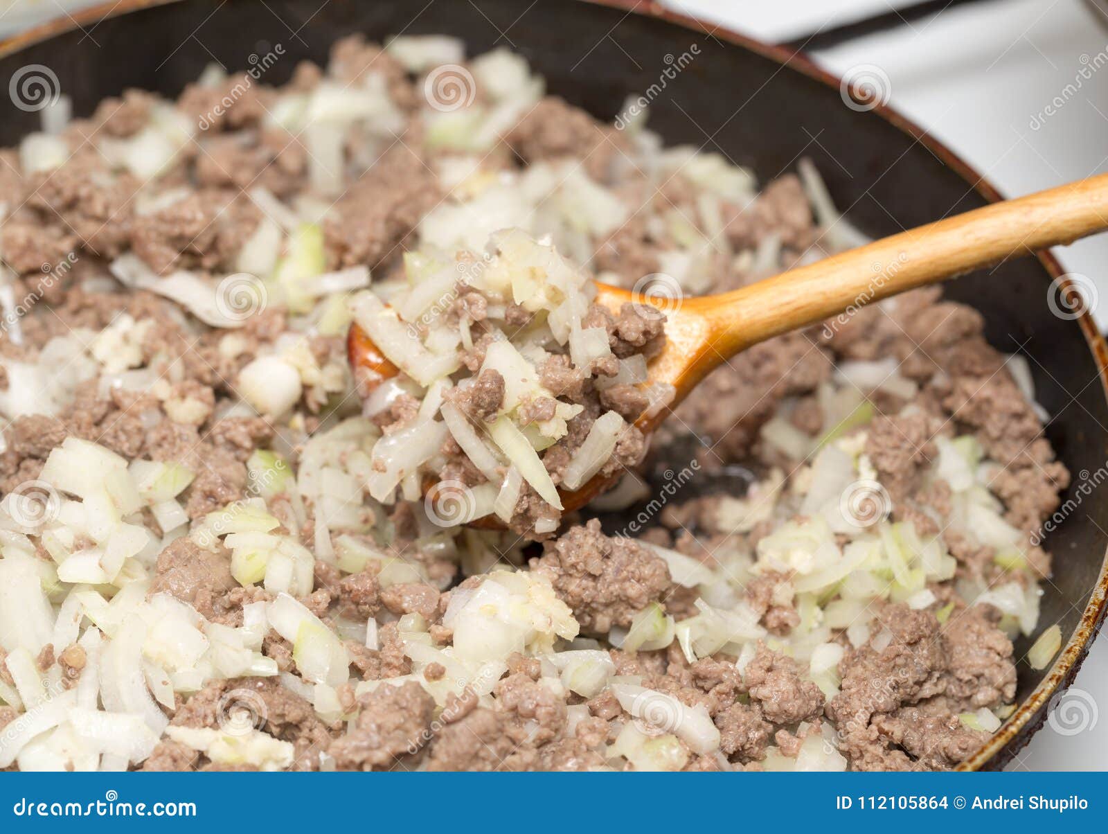 Beef fried in a pan stock photo. Image of meal, ground 112105864