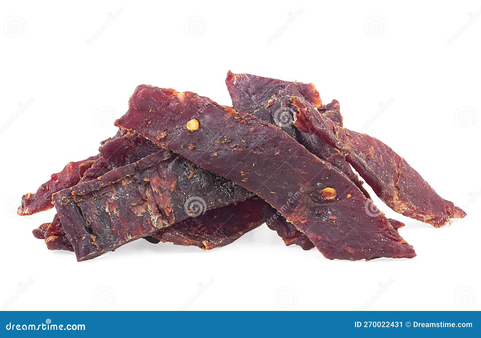 Beef Jerky Pieces Isolated on White Background. Pile of Spiced Jerky ...