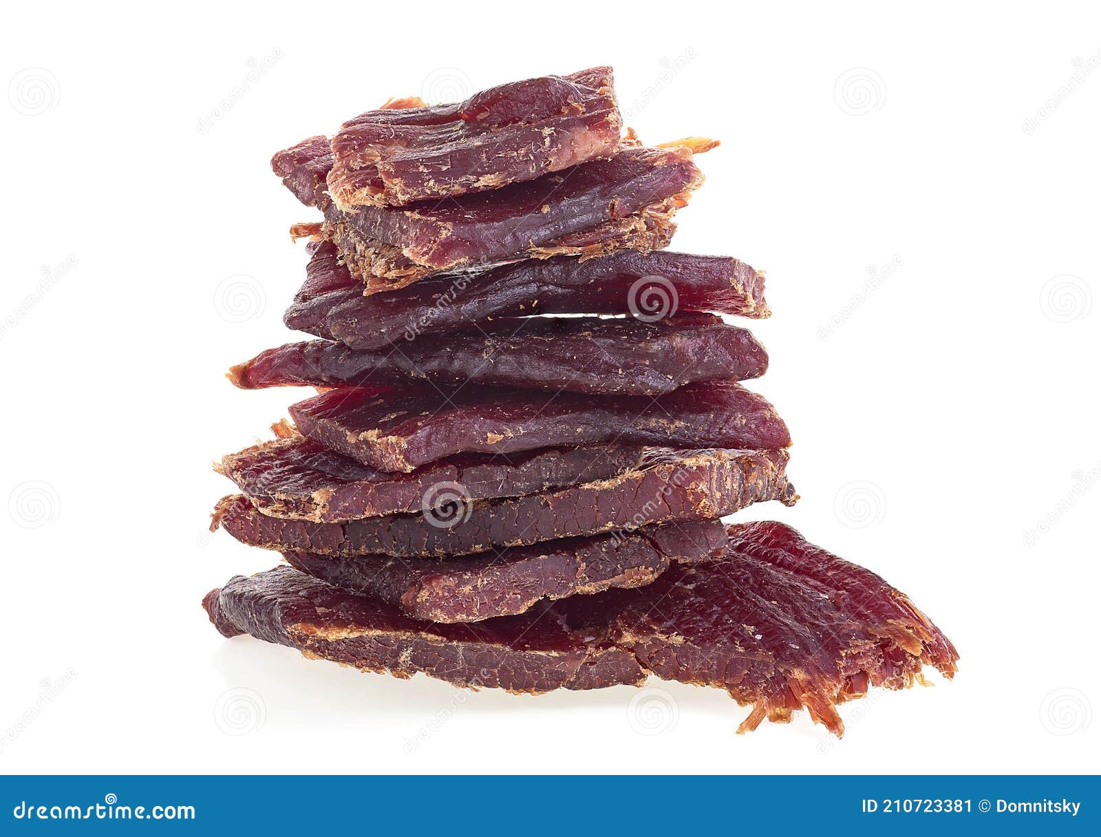 Beef Jerky Pieces Isolated on White Background. Portion of Beef Jerky