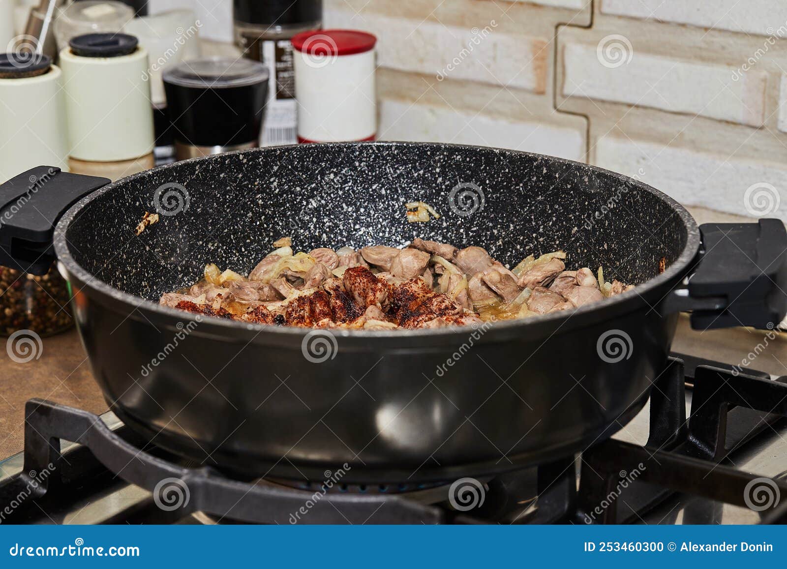Beef Meat, Fried with Onions in Pan on Gas Stove Stock Photo Image of restaurant, green 253460300