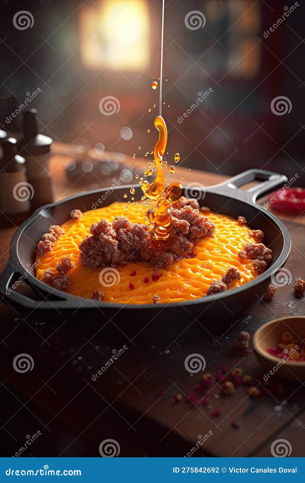 Beef Mince Served Directly in a Cast Iron Skillet with Molten Honey and