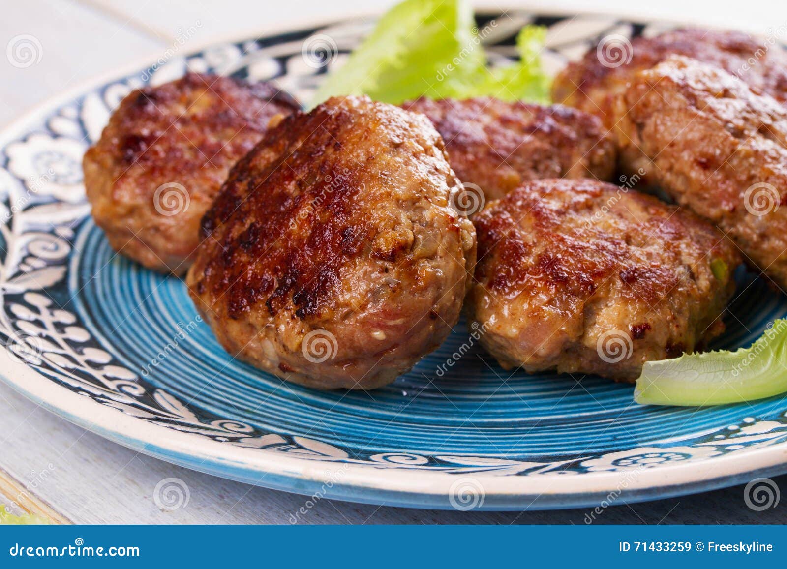 Beef and Pork Patties in Blue Plate Stock Image Image of onion