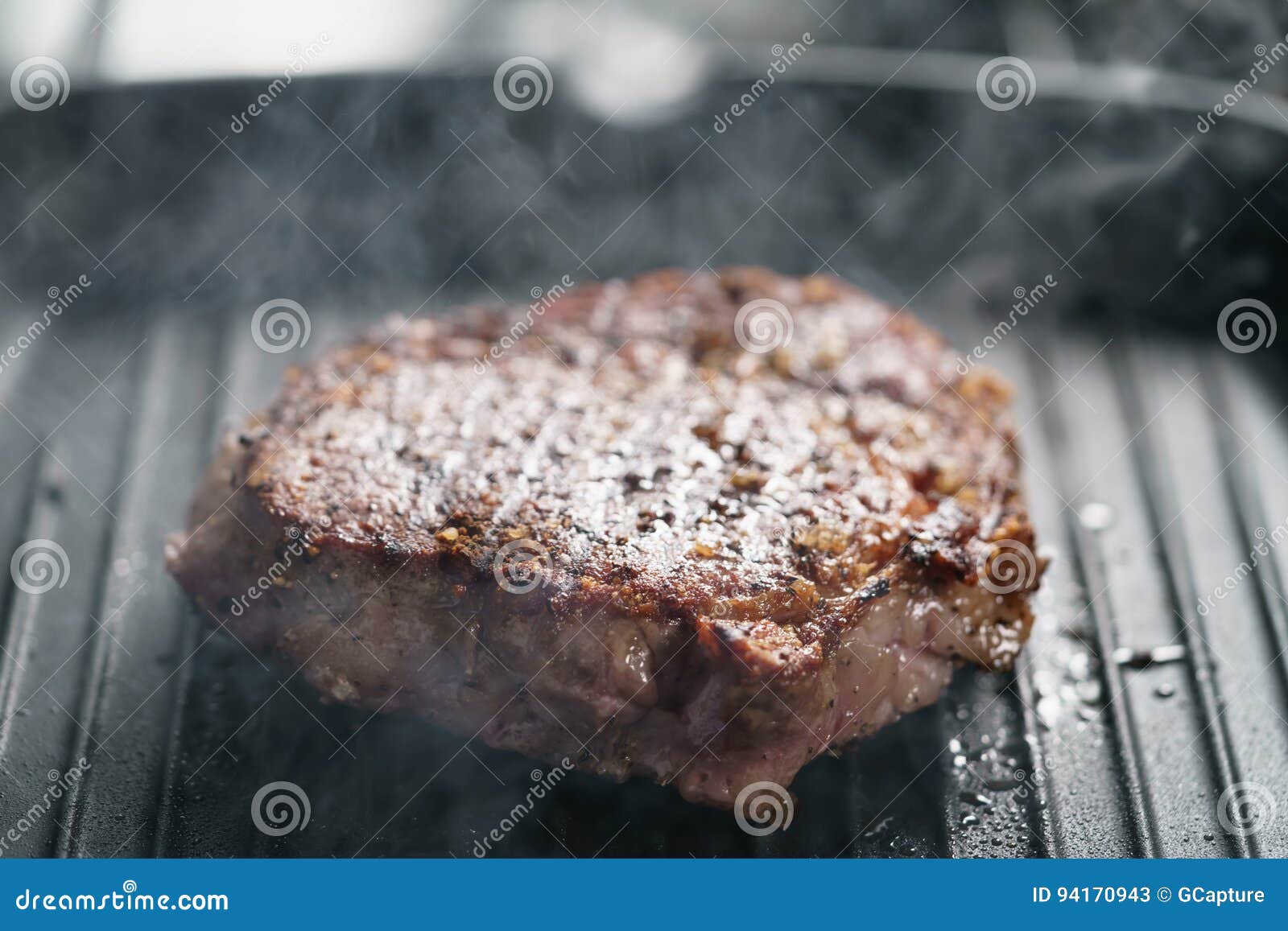 Beef Rib Eye Steak on Grill Pan Closeup Stock Image Image of marks