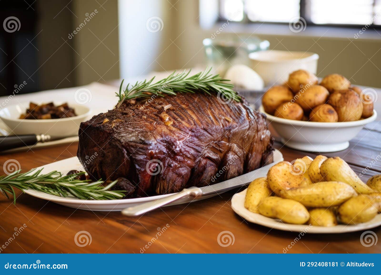 Beef Roast, Garlic, and Rosemary Arranged on a Kitchen Table Stock