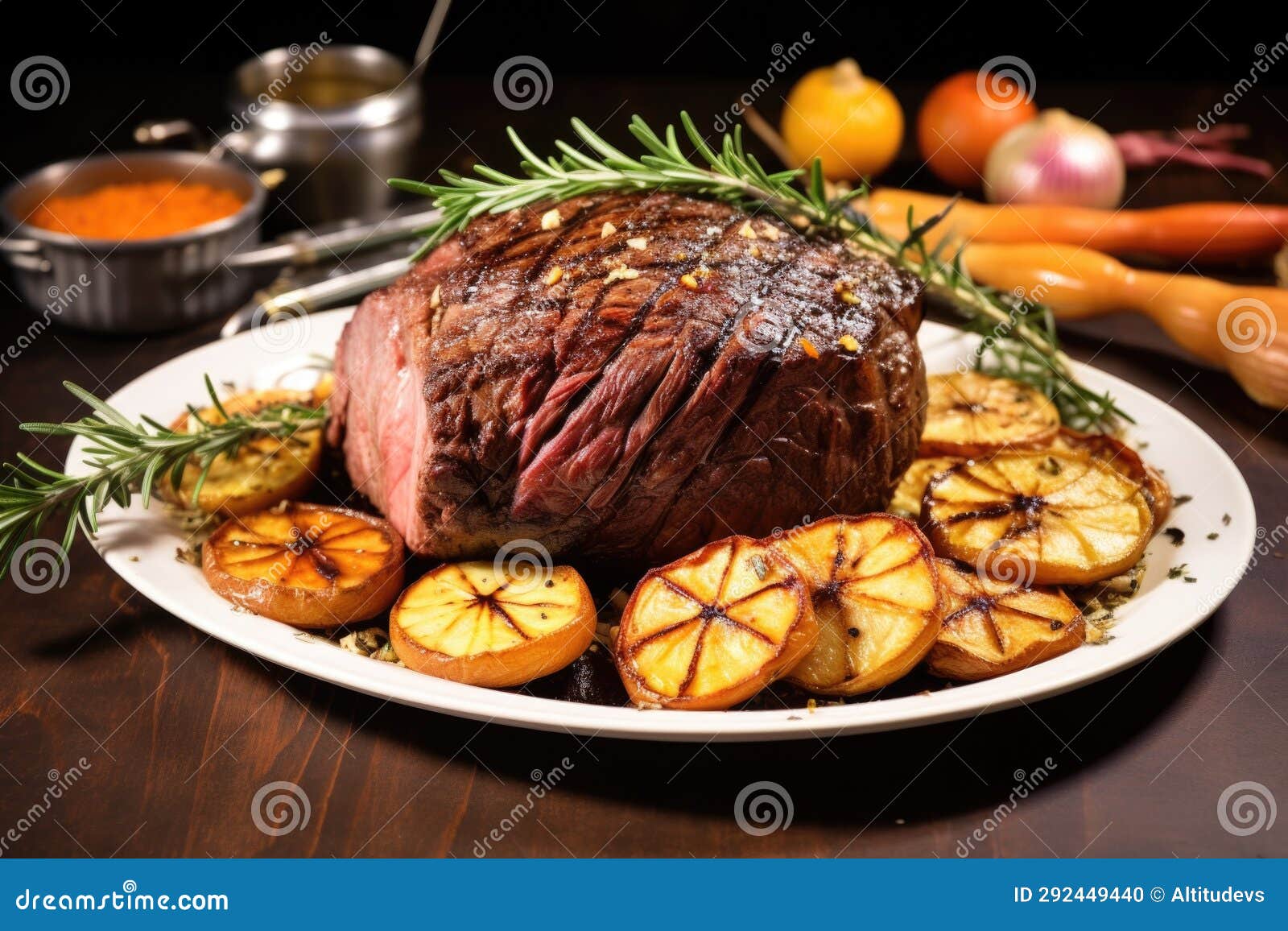 Beef Roast Surrounded by Whole Garlic and Rosemary on a Ceramic Dish