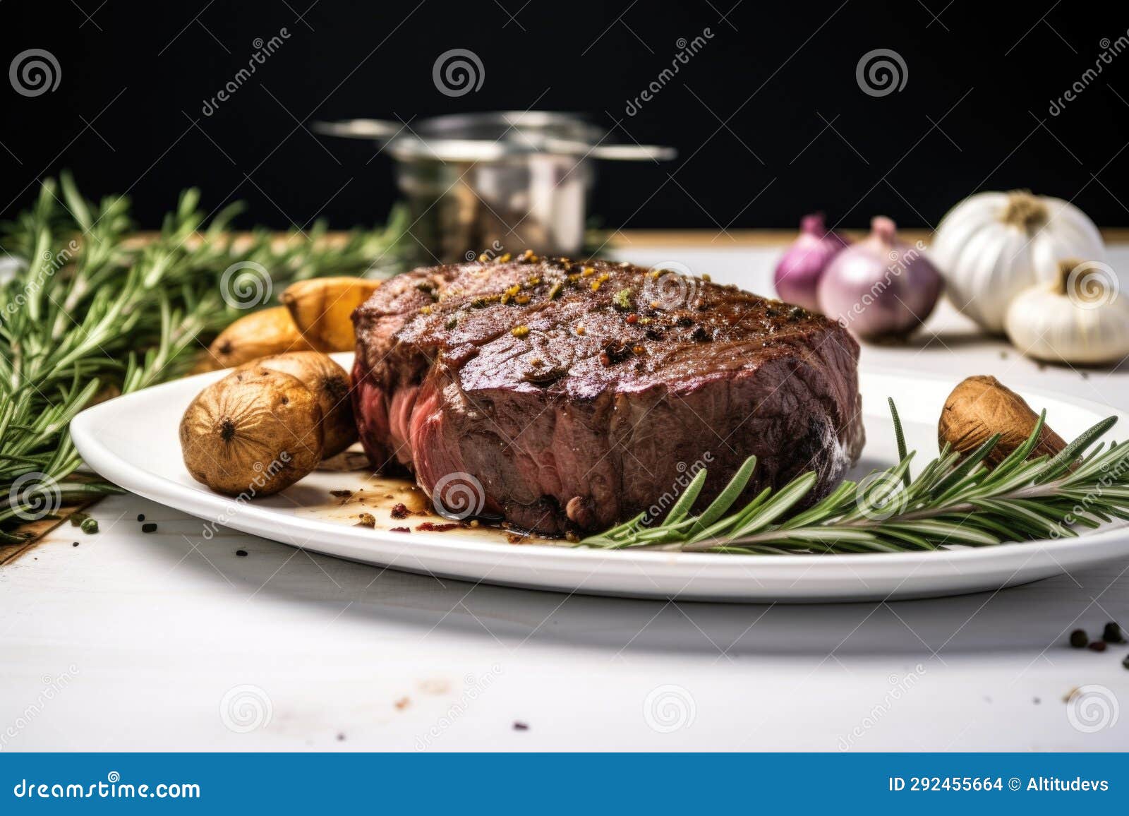 Beef Roast Surrounded by Whole Garlic and Rosemary on a Ceramic Dish