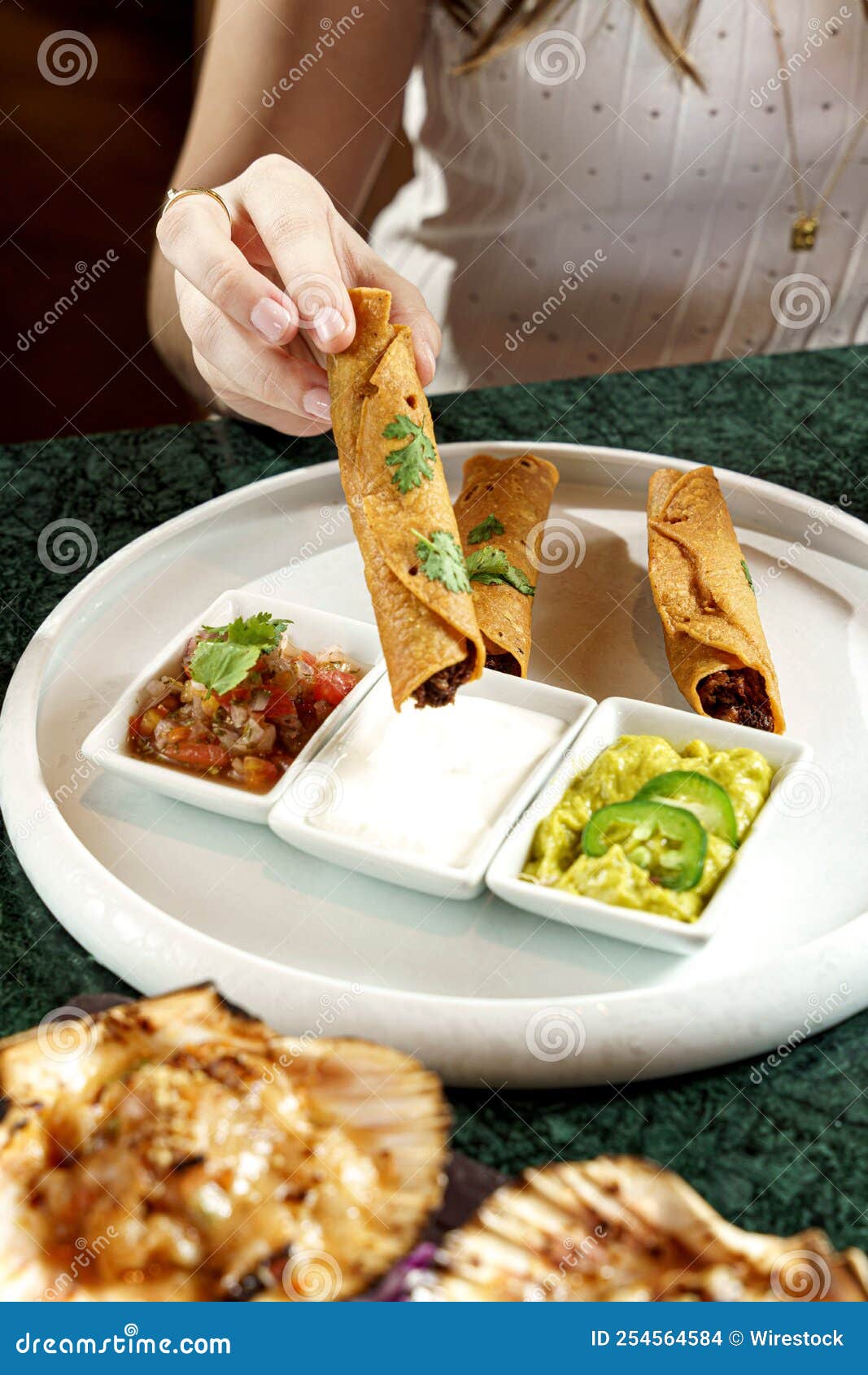 Beef Rolled Tacos with Three Various Dips Stock Photo Image of dinner