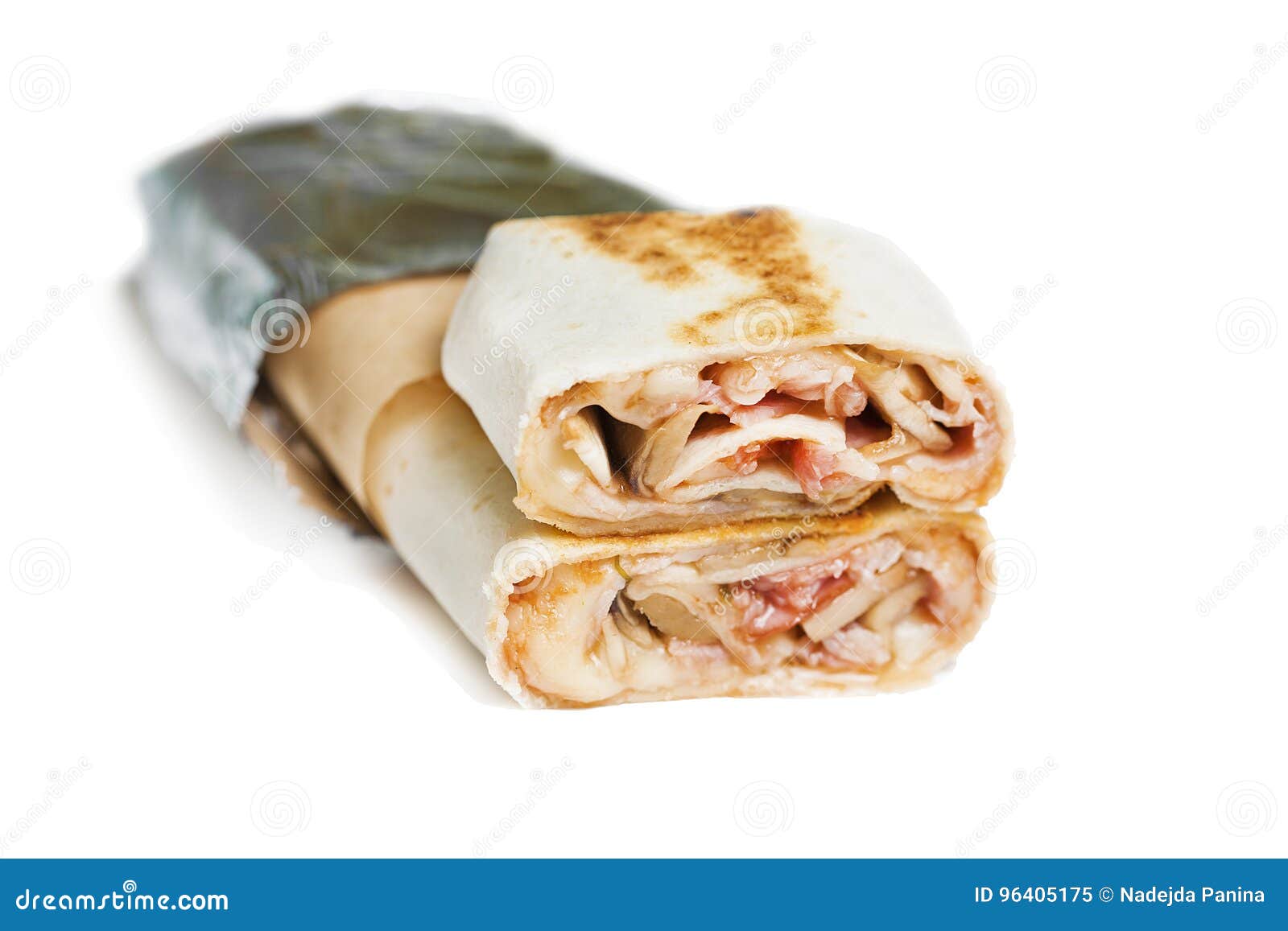 Beef Shawarma or Kebab Wrap with Vegetables. Isolated on White Stock