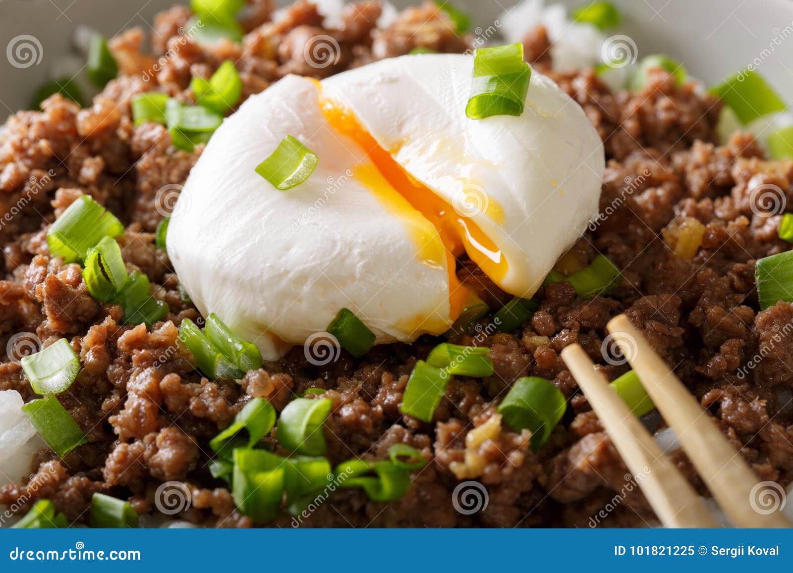 Beef Soboro with Egg Benedict and Green Onion Macro. Horizontal Stock