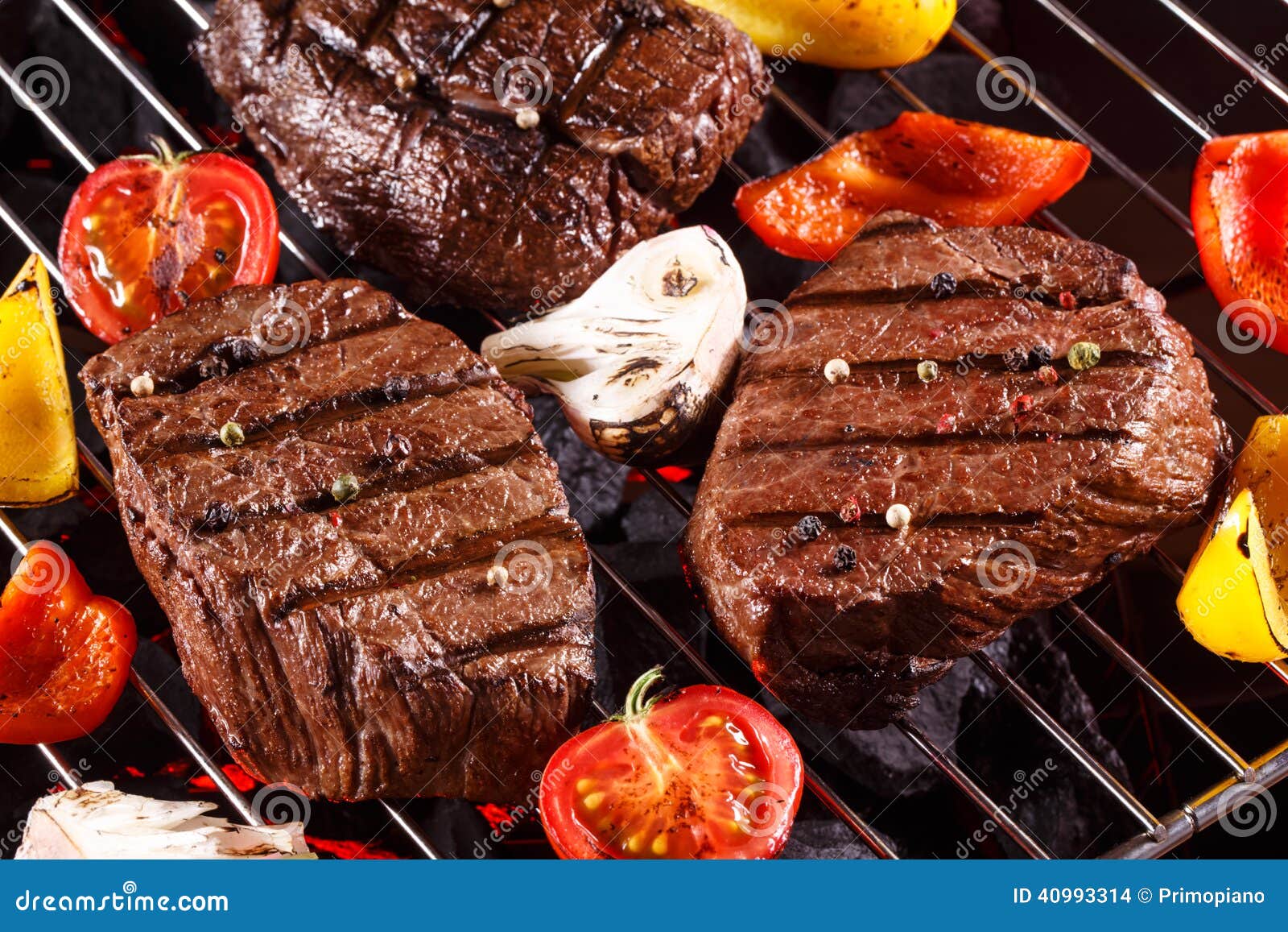 Beef Steak on a Barbecue Grill with Vegetables Stock Photo Image of