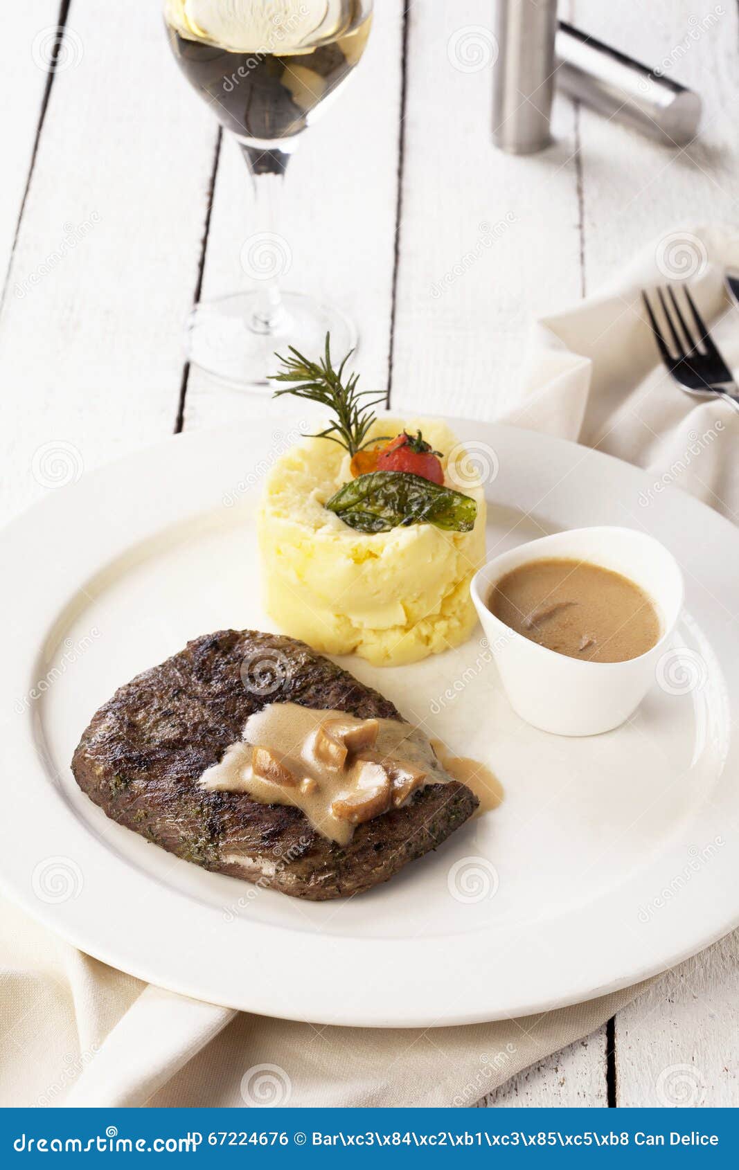 Beef Steak with Mash Potato and White Wine on a White Background Stock Photo Image of desert