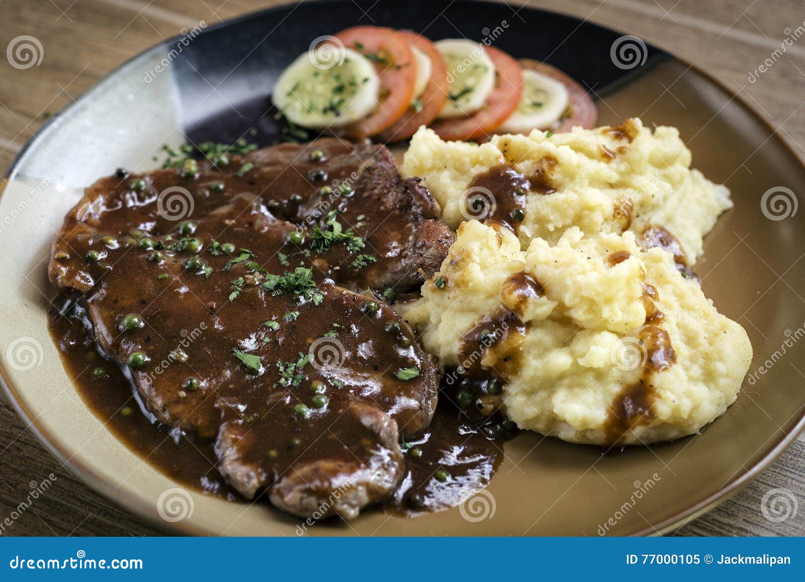 Beef Steak Meal with Mashed Potato and Gravy Sauce Stock Image Image