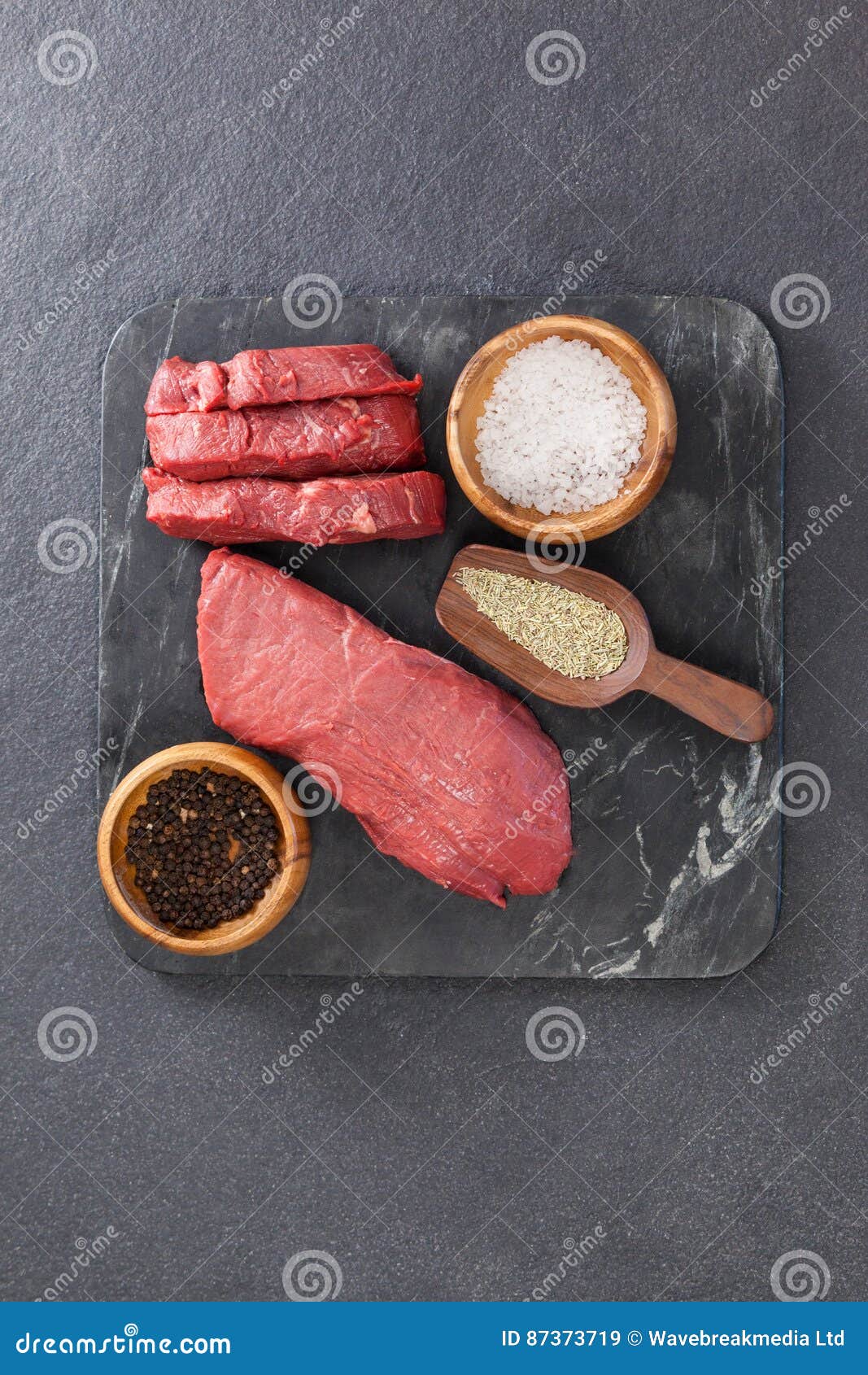 Beef Steak, Salt and Spices on Black Slate Plate Stock Image Image of spoon, spices 87373719