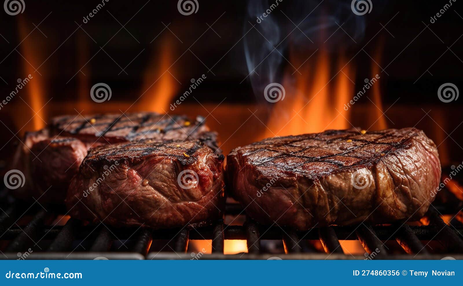 Beef Steaks on the Grill with Flames. Generative AI Stock Illustration ...