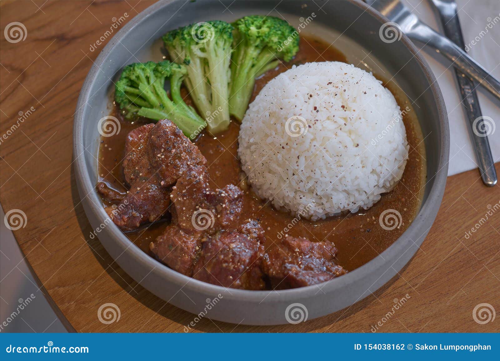 Beef Stewed in Soy Sauce with Rice. Cooked Beef Meat in Asian Style